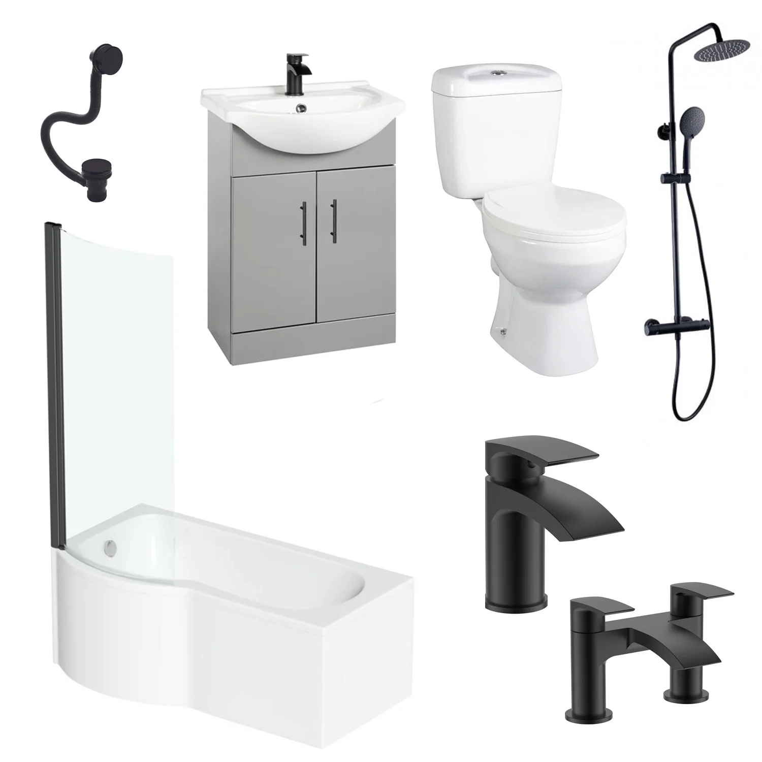 Mayford Complete Matt Black 1500 P Shaped 550 Vanity Bathroom Suite - Gloss Mid Grey