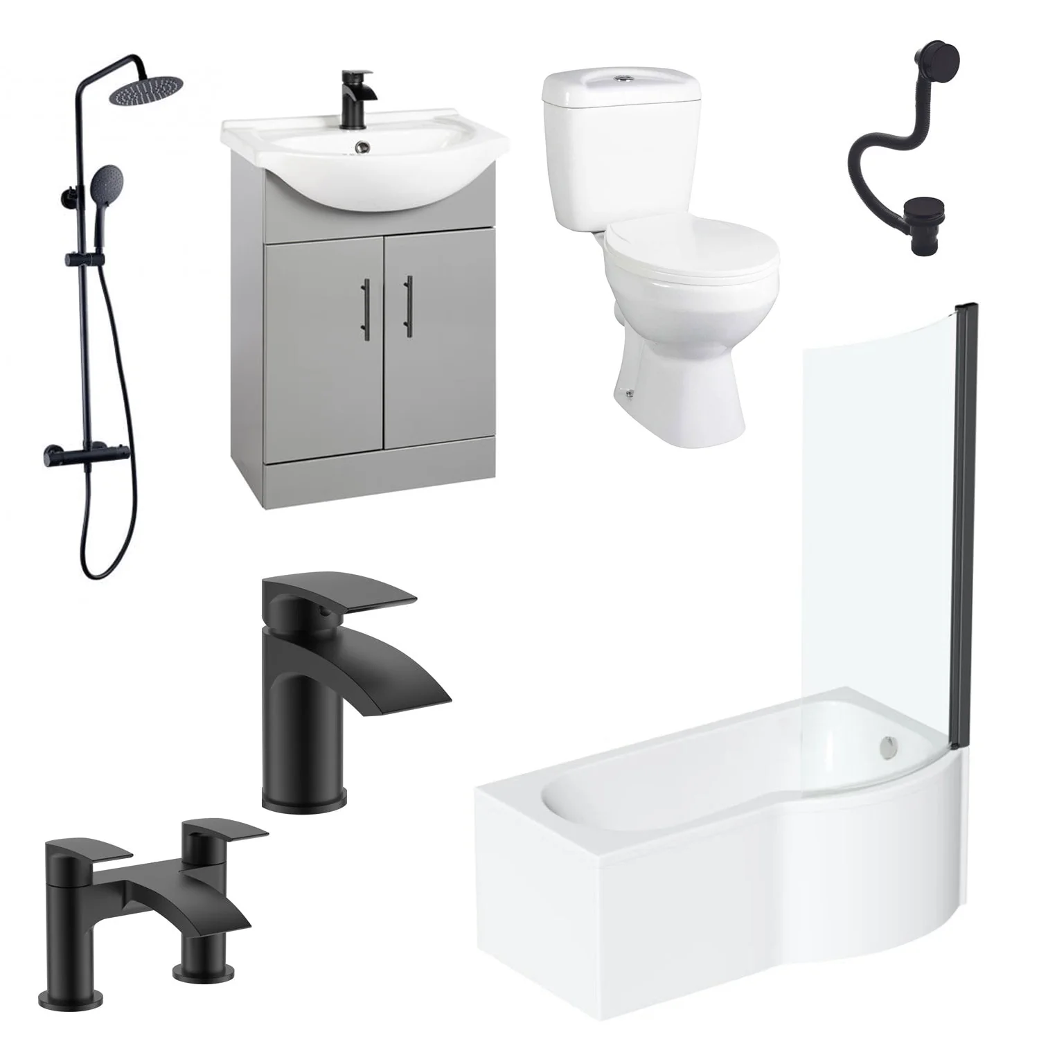 Mayford Complete Matt Black 1500 P Shaped 550 Vanity Bathroom Suite - Gloss Mid Grey - Image 2