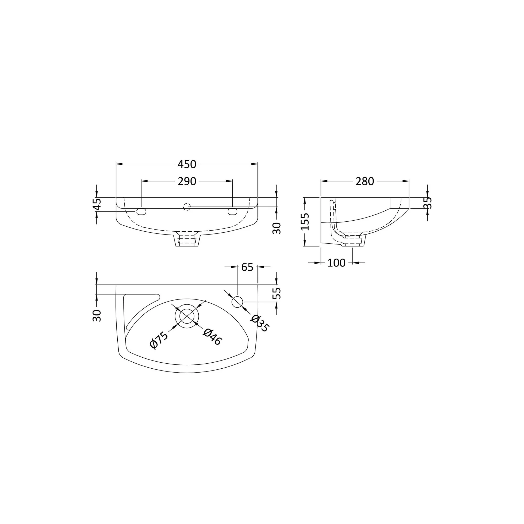 Melbourne Wall Hung Cloakroom Basin 450mm Wide - Image 3