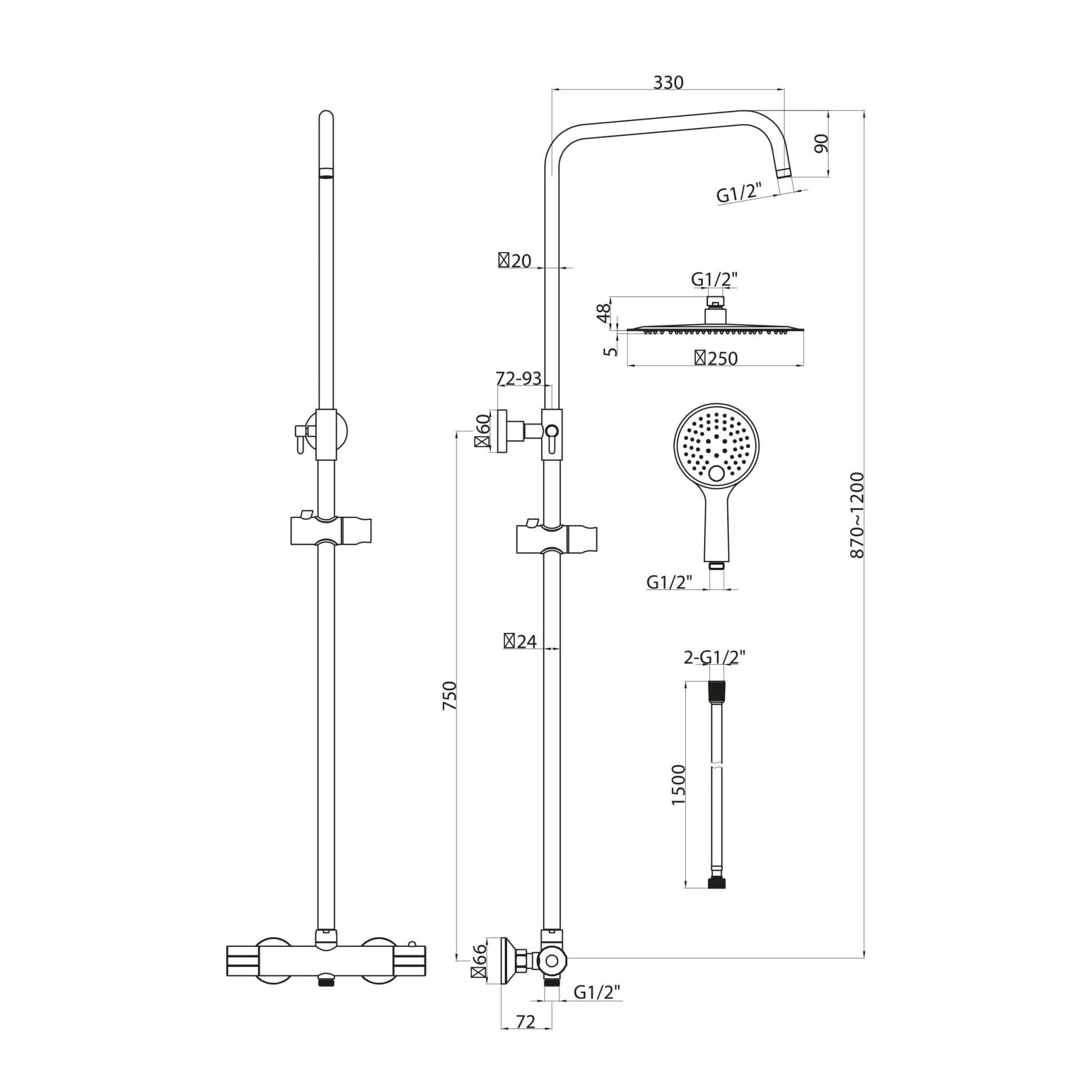 Messis Round Cool Touch Exposed Rigid Riser Thermostatic Shower Set - Chrome - Image 4