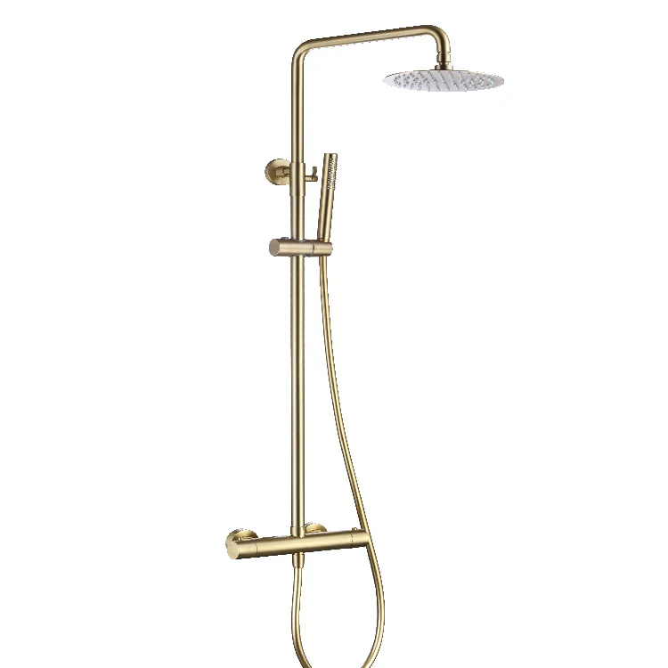 Messis Round Cool Touch Exposed Rigid Riser Thermostatic Shower Set - Brushed Brass