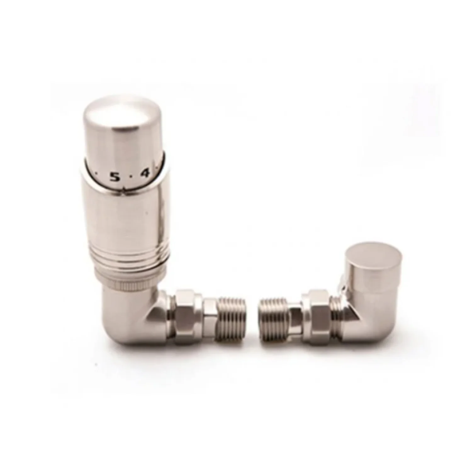 Modal Thermostatic Corner Radiator Valve and LockShield - Brushed