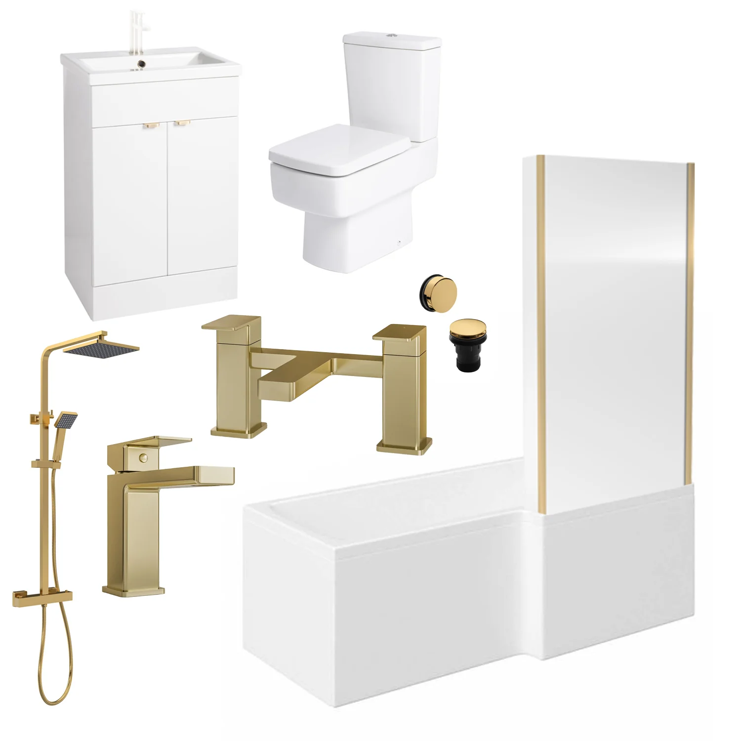 Serene 1500 L-Shaped Brushed Brass Vanity Complete Bathroom Suite