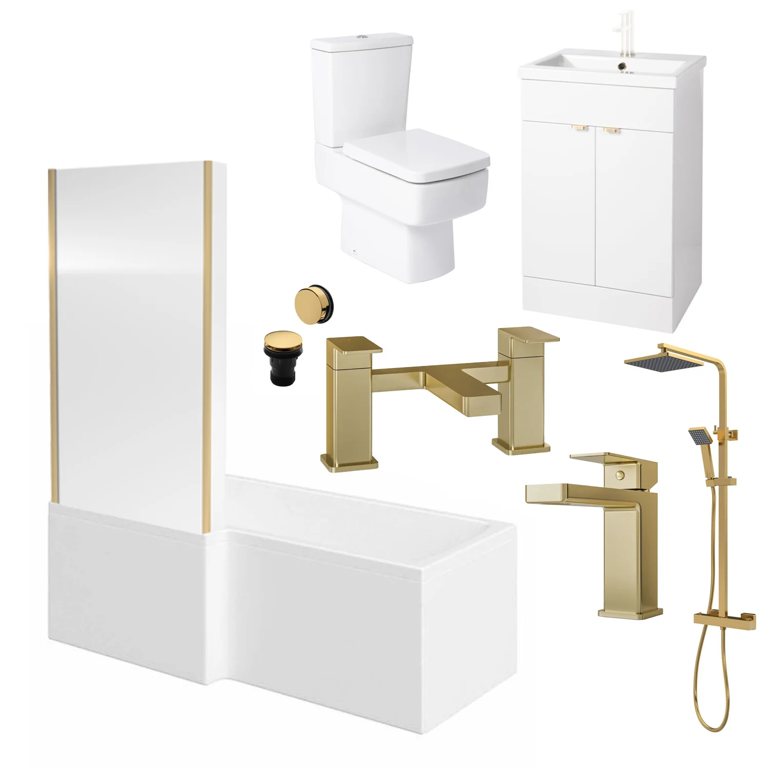 Serene 1500 L-Shaped Brushed Brass Vanity Complete Bathroom Suite - Image 2