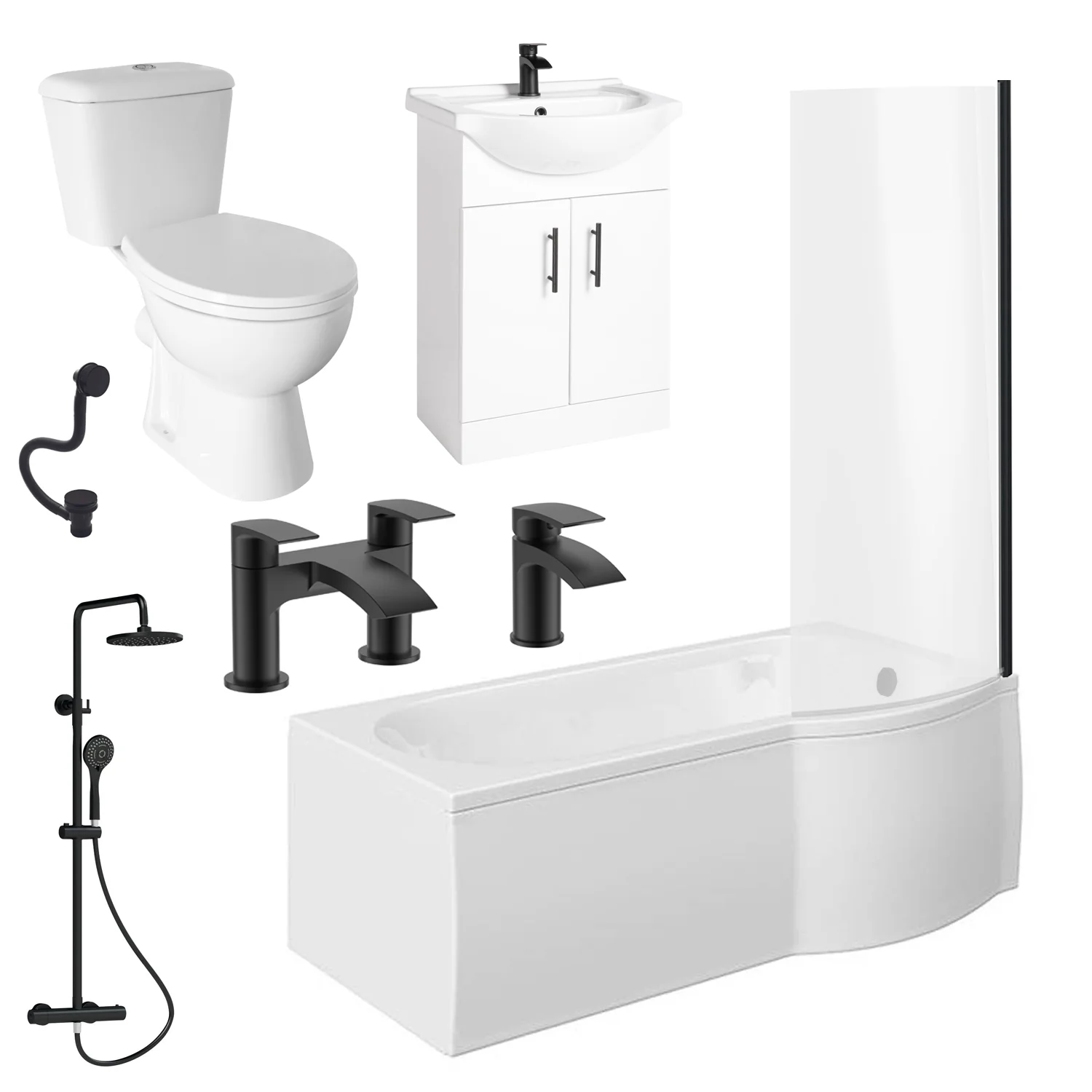 Monty 1700 Black P-Shaped Complete Vanity Bathroom Suite - Image 2