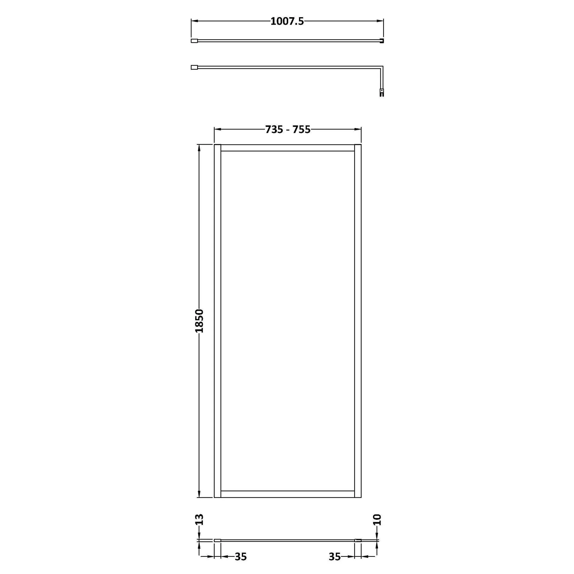 Nuie Full Outer Framed Wetroom Screen 1850x760 8mm with Supported Bar - Brushed Pewter - Image 2