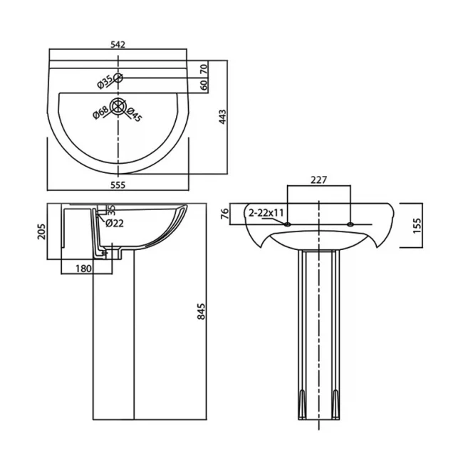 Nuie Arley 550mm Basin & Pedestal - 1 Tap Hole - Image 4