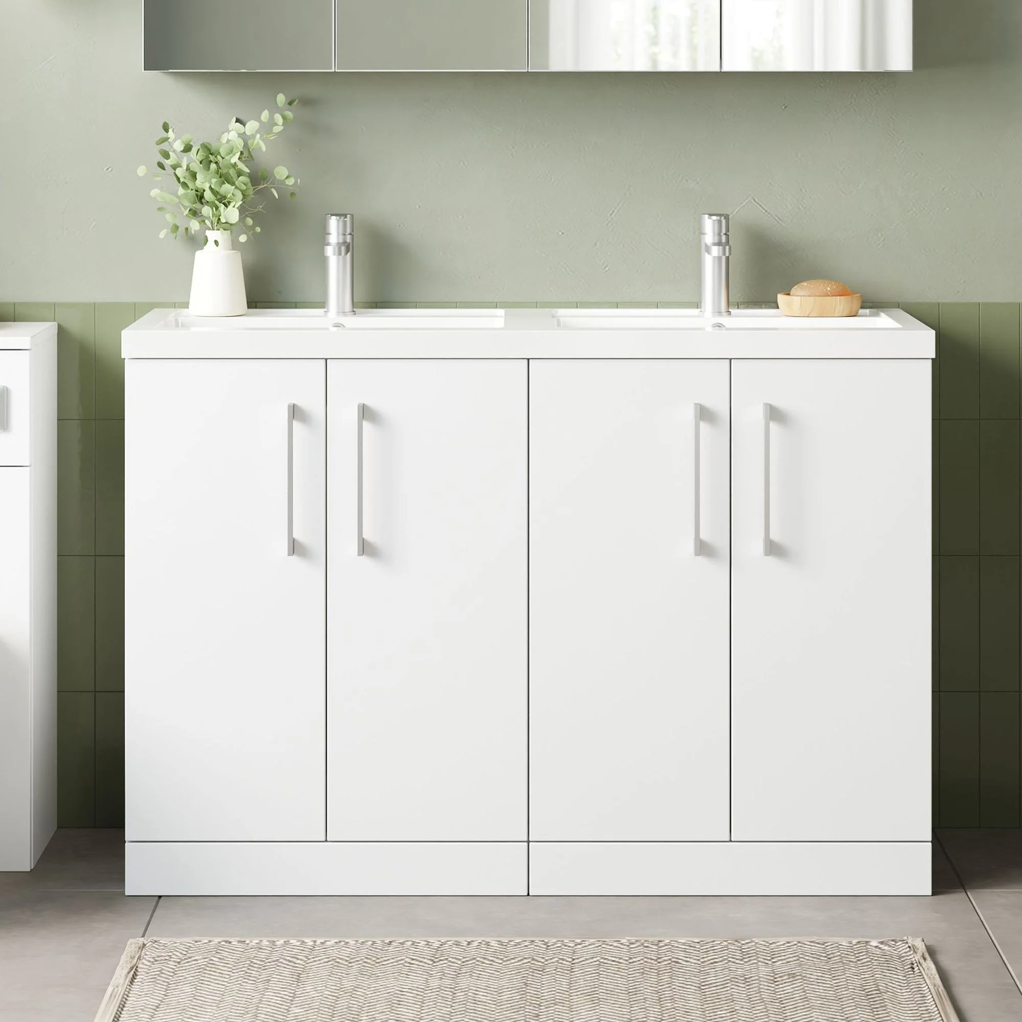 Nuie Arno 1200mm Floor Standing 4-Door Vanity & Double Polymarble Basin - Gloss White