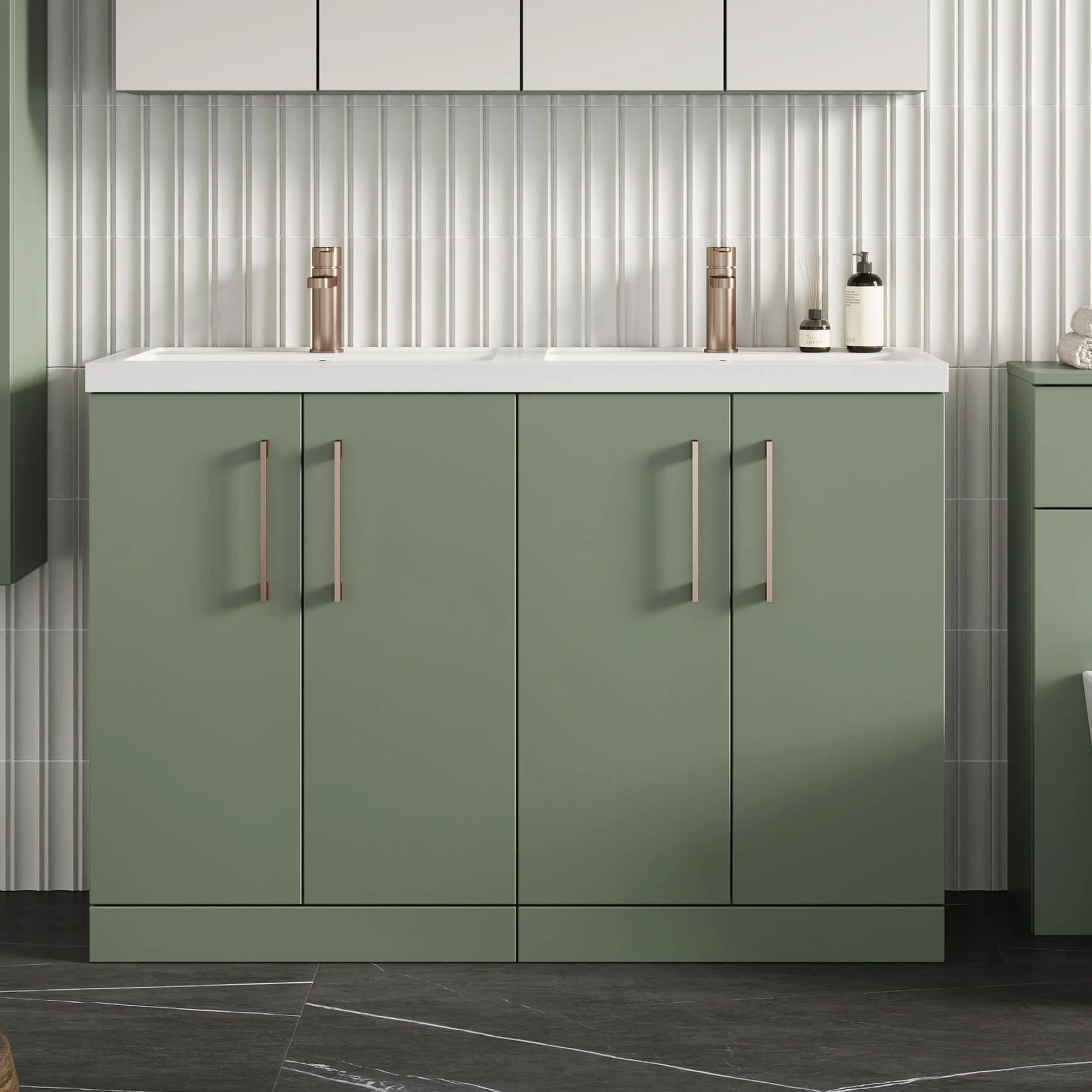 Nuie Arno 1200mm Floor Standing 4-Door Vanity & Double Polymarble Basin - Satin Green