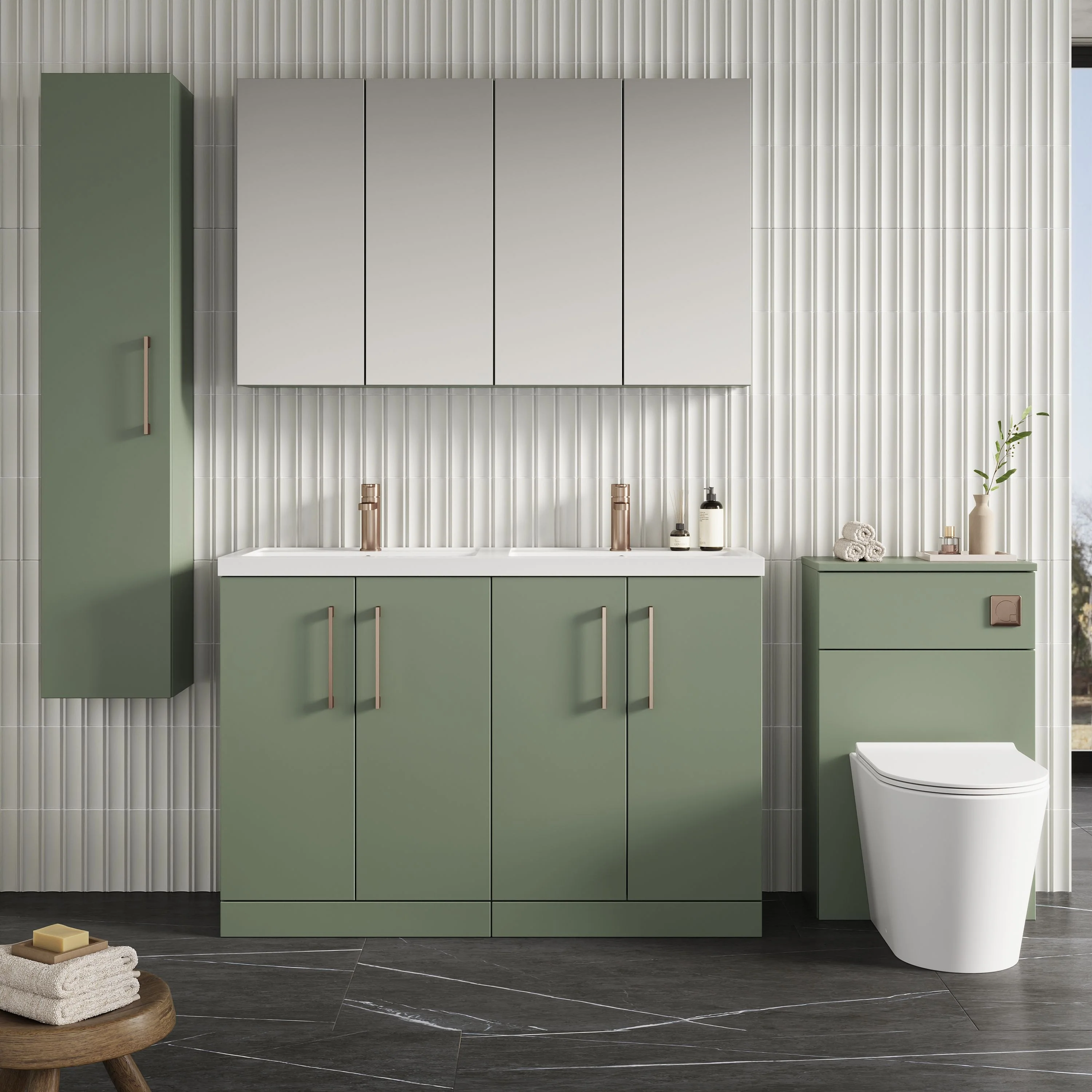 Nuie Arno 1200mm Floor Standing 4-Door Vanity & Double Polymarble Basin - Satin Green - Image 4