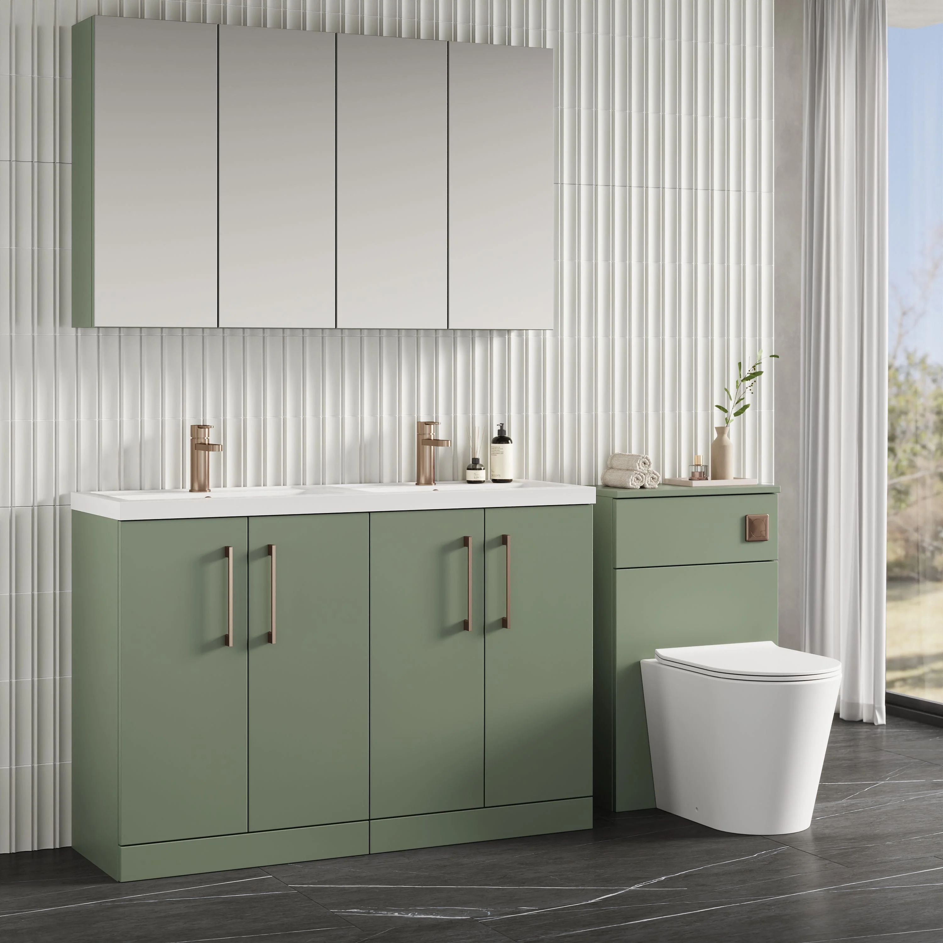 Nuie Arno 1200mm Floor Standing 4-Door Vanity & Double Polymarble Basin - Satin Green - Image 5