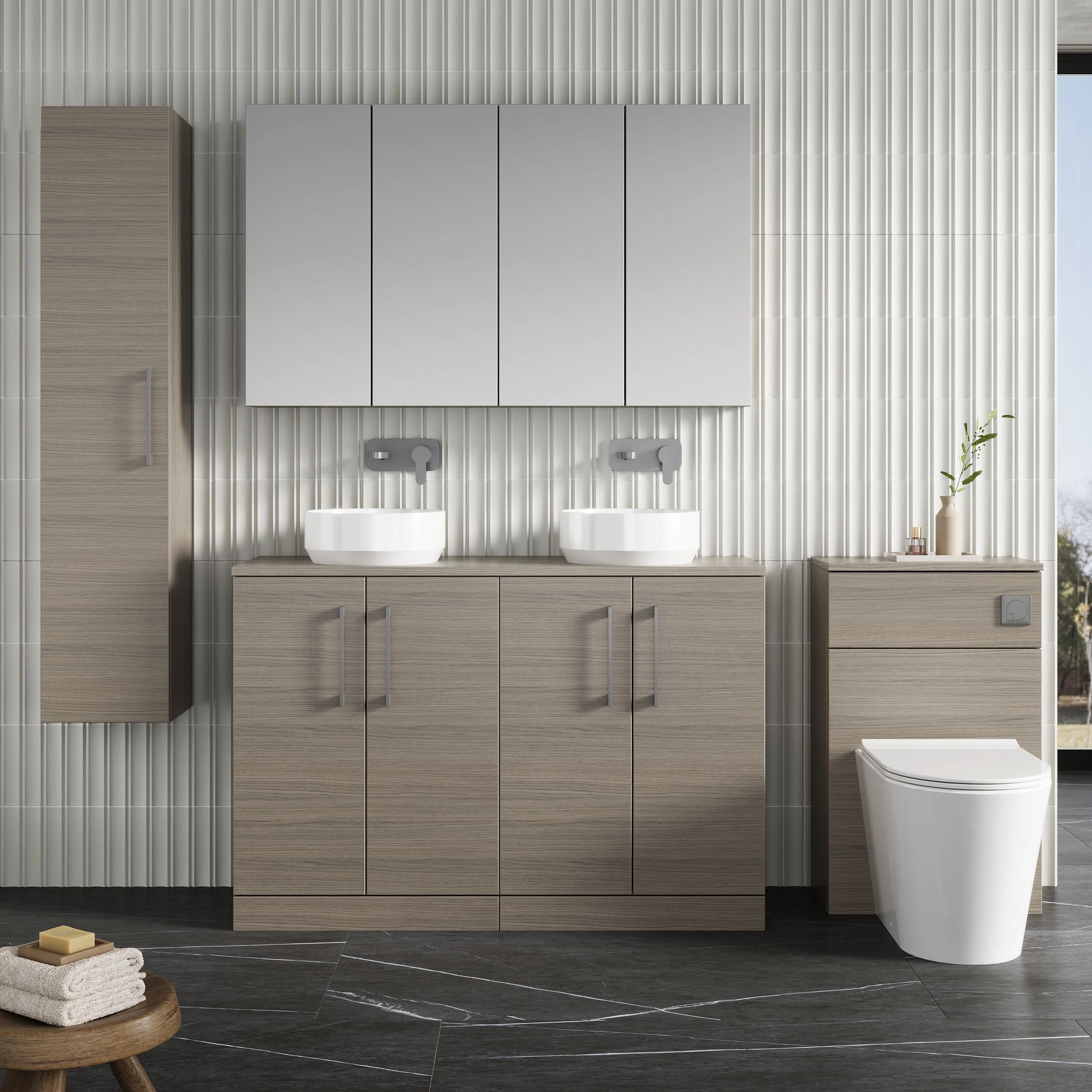 Nuie Arno 1200mm Floor Standing 4-Door Vanity & Worktop - Grey Vicenza Oak - Image 3