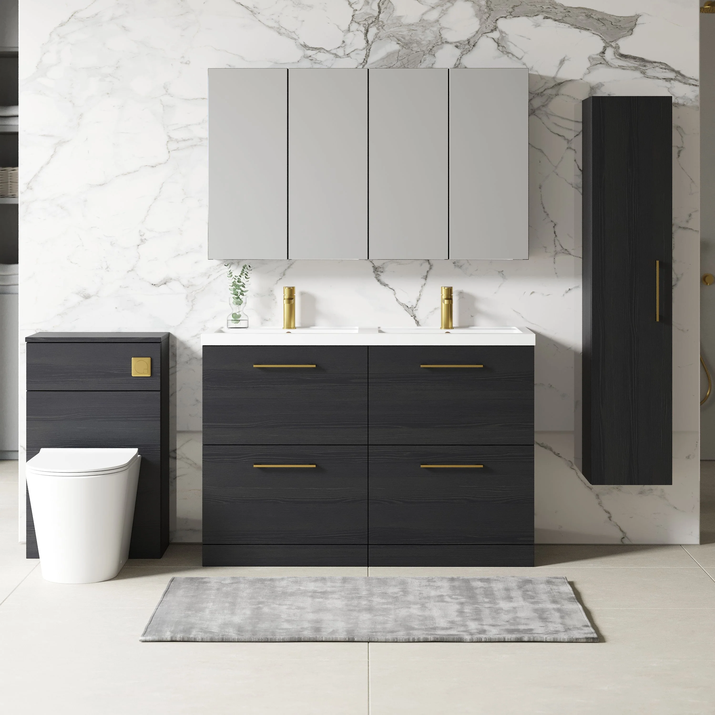 Nuie Arno 1200mm Floor Standing 4-Drawer Vanity & Double Polymarble Basin - Charcoal Black - Image 4