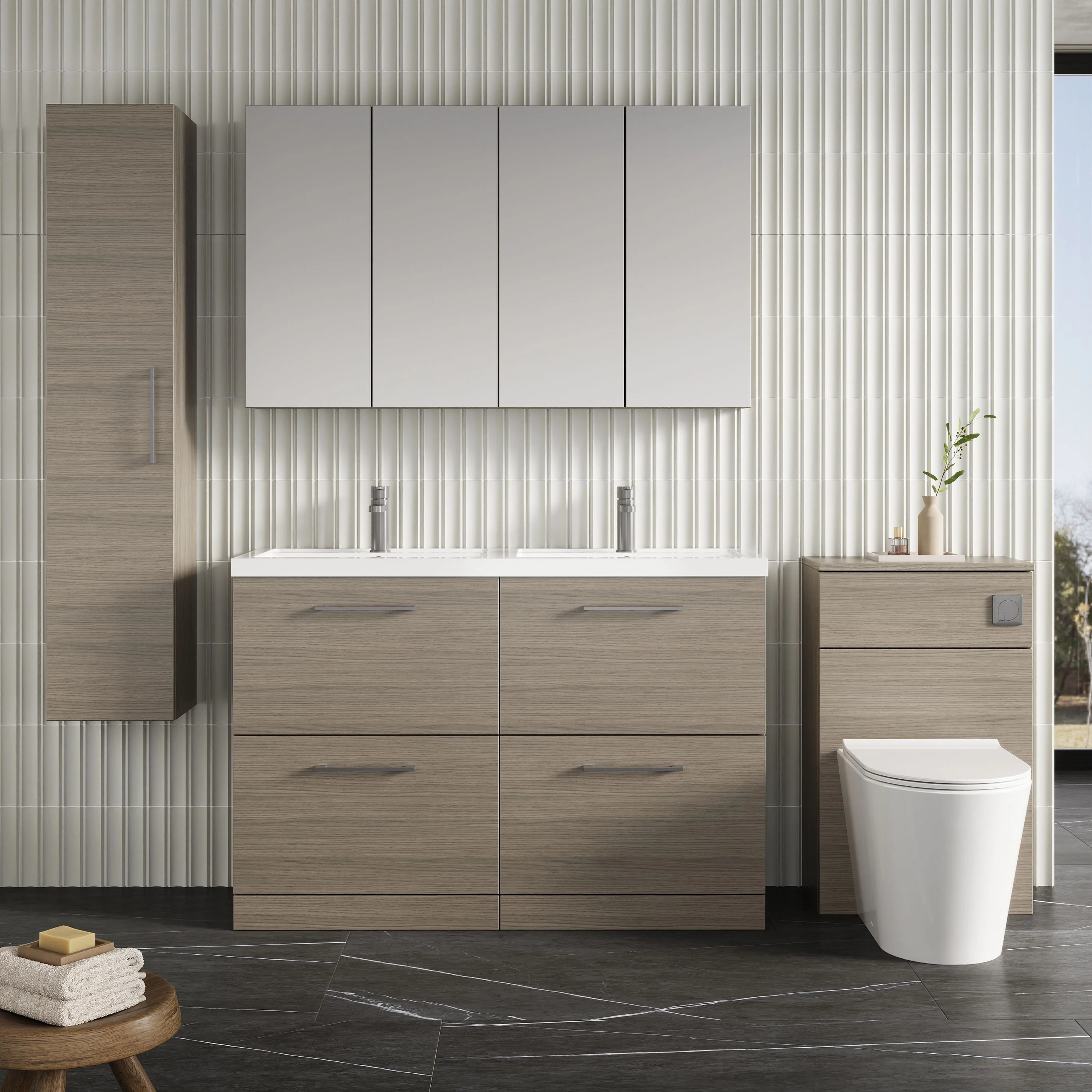 Nuie Arno 1200mm Floor Standing 4-Drawer Vanity & Double Polymarble Basin - Grey Vicenza Oak - Image 4