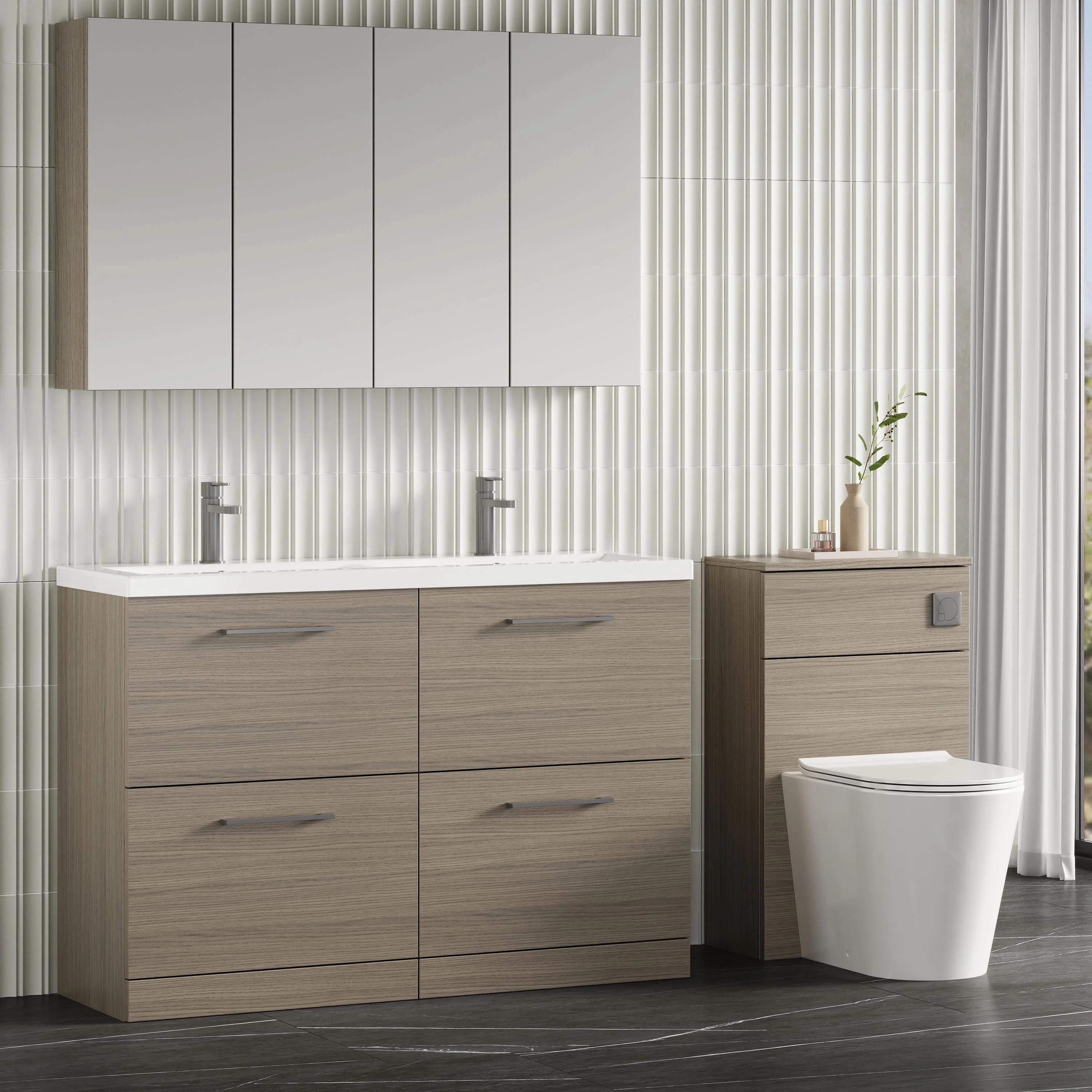 Nuie Arno 1200mm Floor Standing 4-Drawer Vanity & Double Polymarble Basin - Grey Vicenza Oak - Image 5