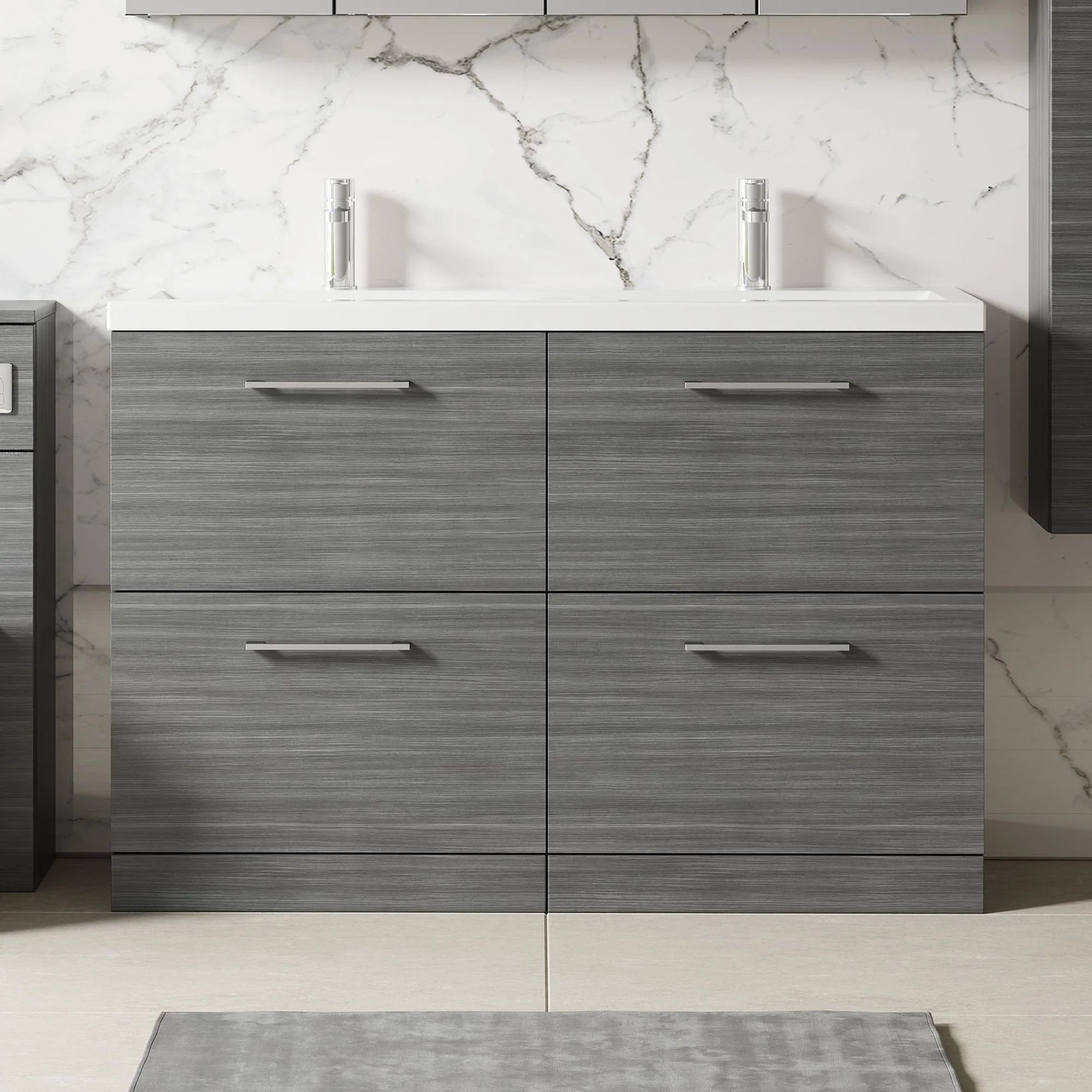 Nuie Arno 1200mm Floor Standing 4-Drawer Vanity & Double Ceramic Basin - Anthracite Woodgrain
