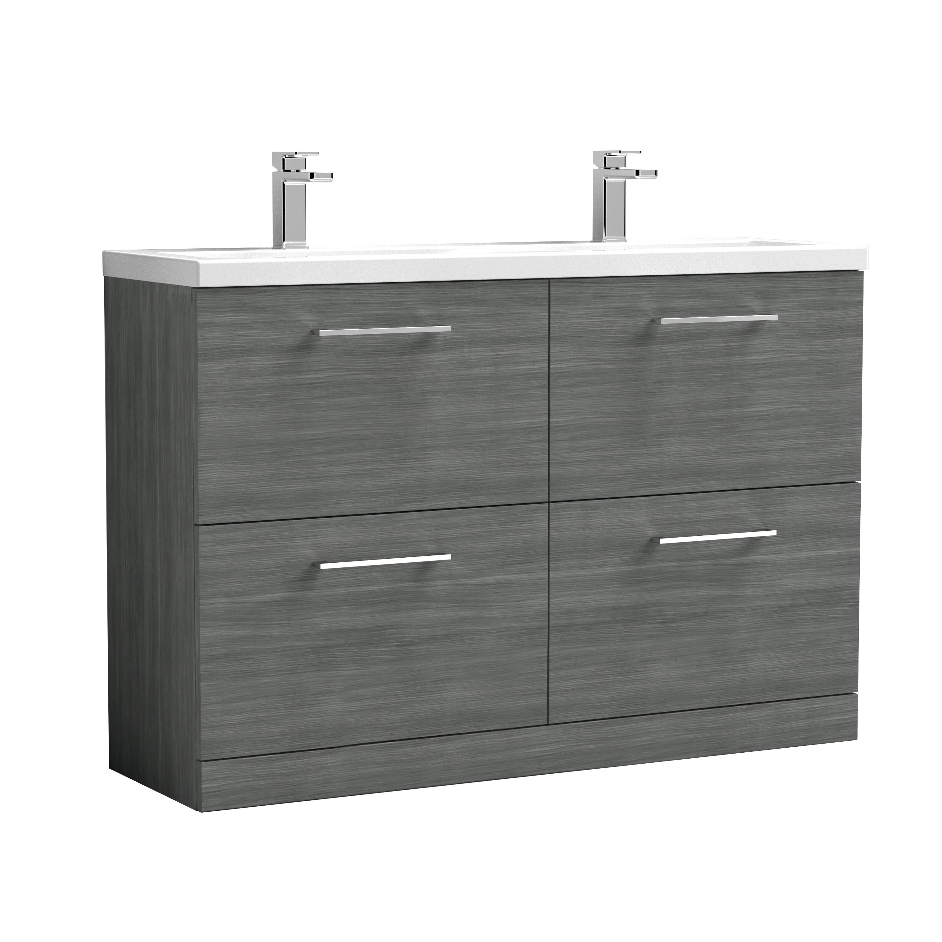Nuie Arno 1200mm Floor Standing 4-Drawer Vanity & Double Ceramic Basin - Anthracite Woodgrain - Image 3