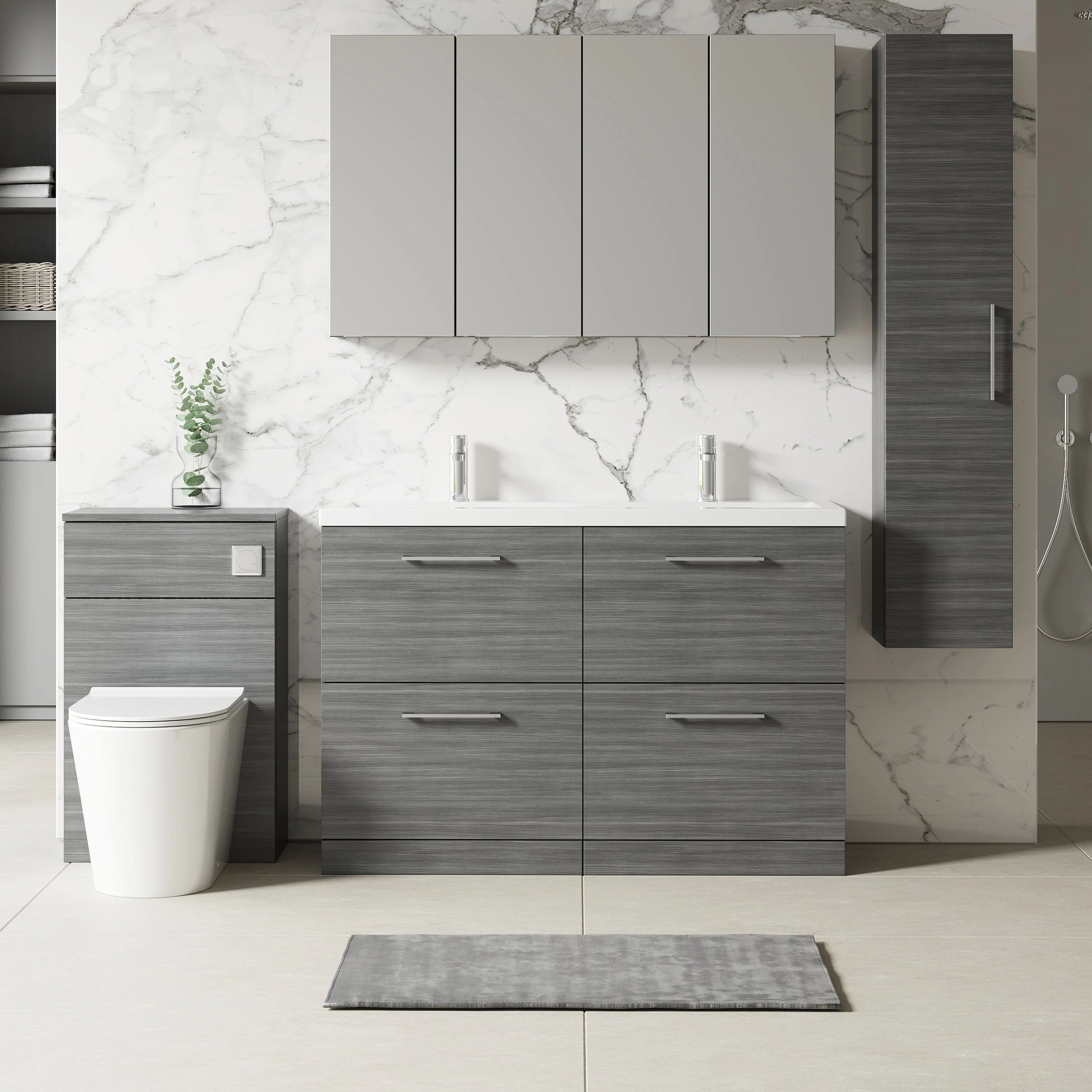 Nuie Arno 1200mm Floor Standing 4-Drawer Vanity & Double Ceramic Basin - Anthracite Woodgrain - Image 4