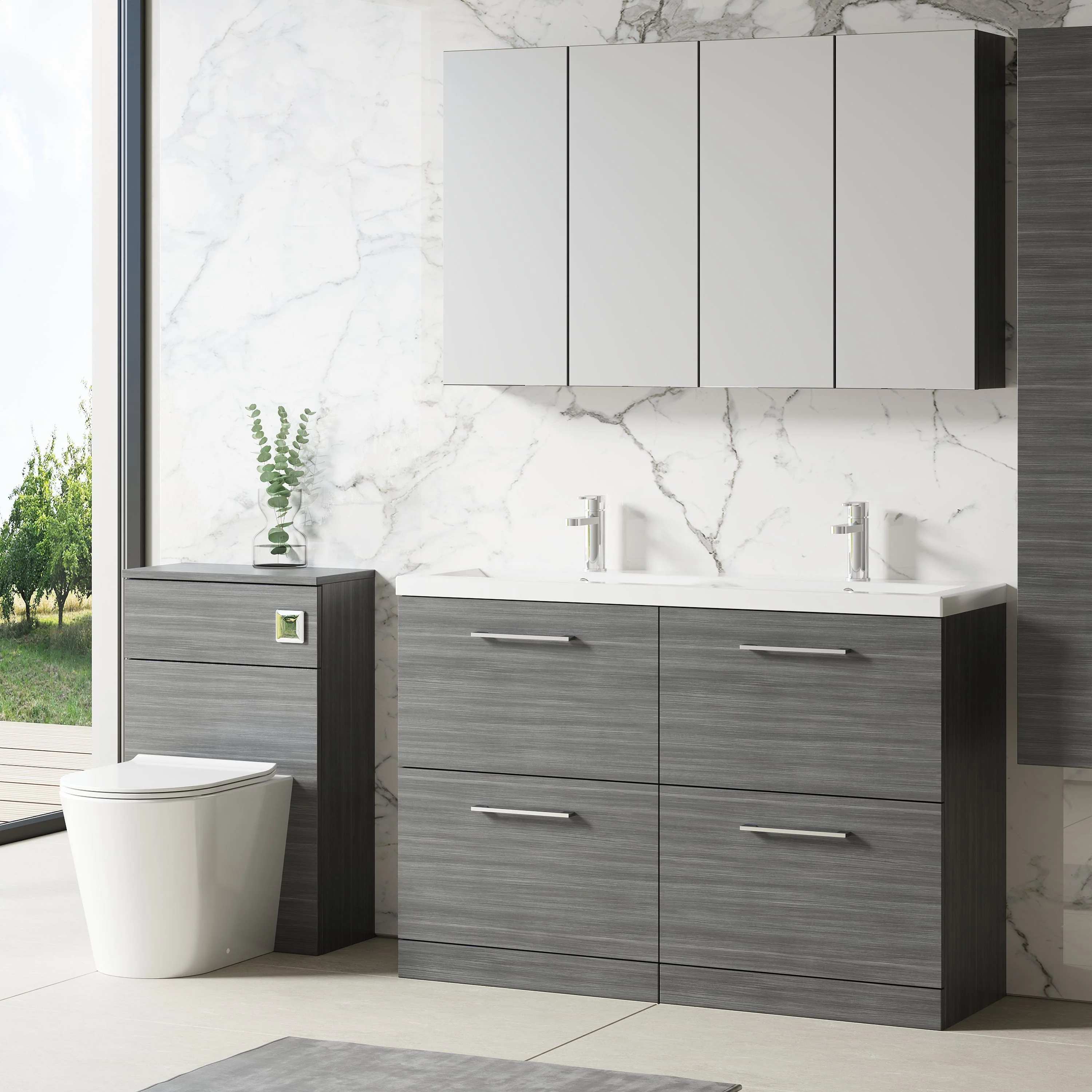 Nuie Arno 1200mm Floor Standing 4-Drawer Vanity & Double Ceramic Basin - Anthracite Woodgrain - Image 5