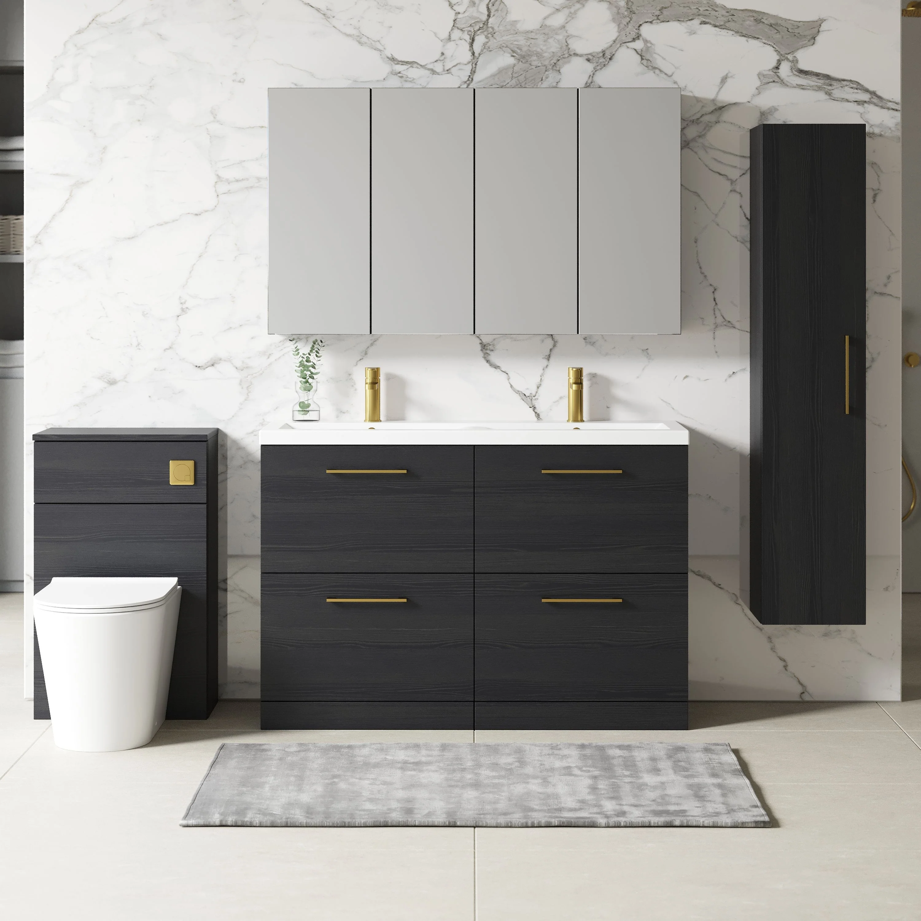 Nuie Arno 1200mm Floor Standing 4-Drawer Vanity & Double Ceramic Basin - Charcoal Black - Image 4