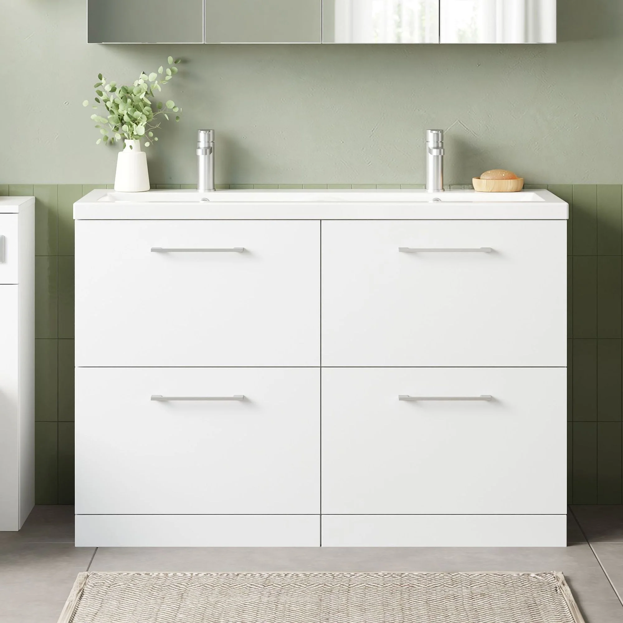 Nuie Arno 1200mm Floor Standing 4-Drawer Vanity & Double Ceramic Basin - Gloss White
