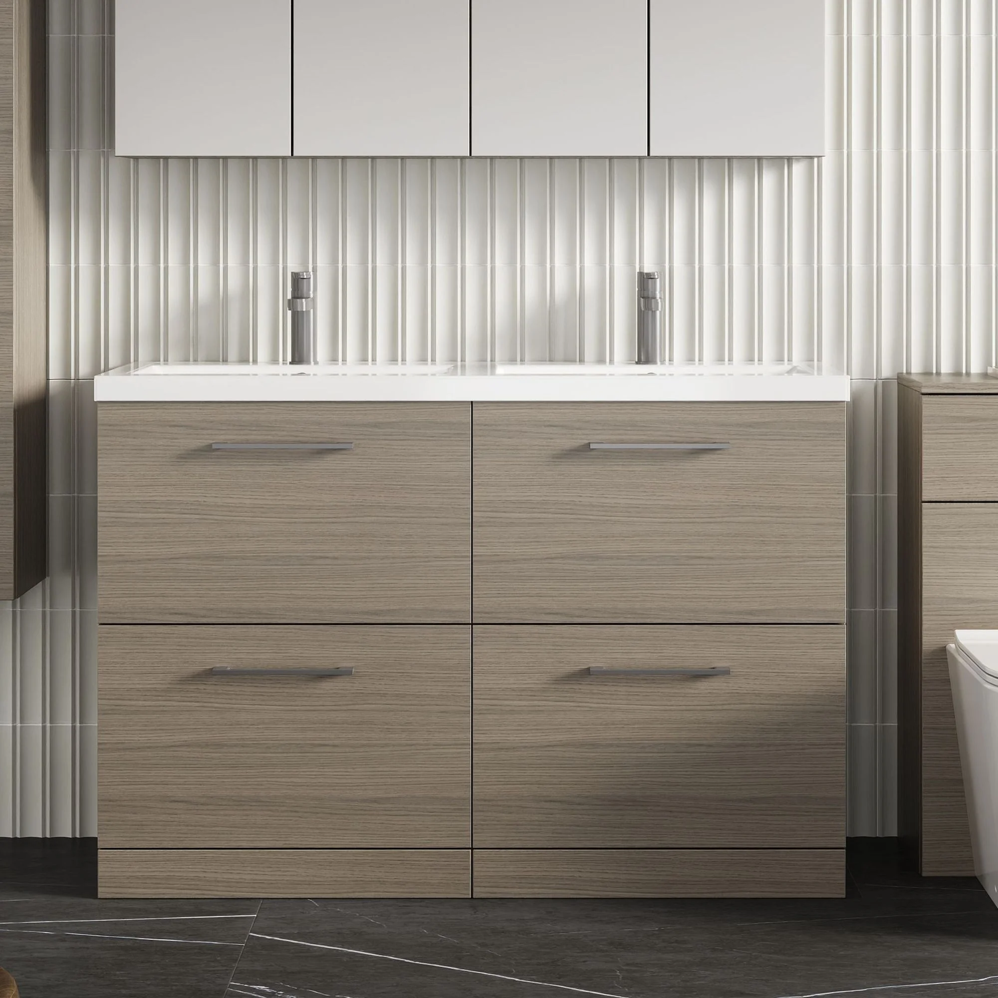 Nuie Arno 1200mm Floor Standing 4-Drawer Vanity & Double Ceramic Basin - Grey Vicenza Oak