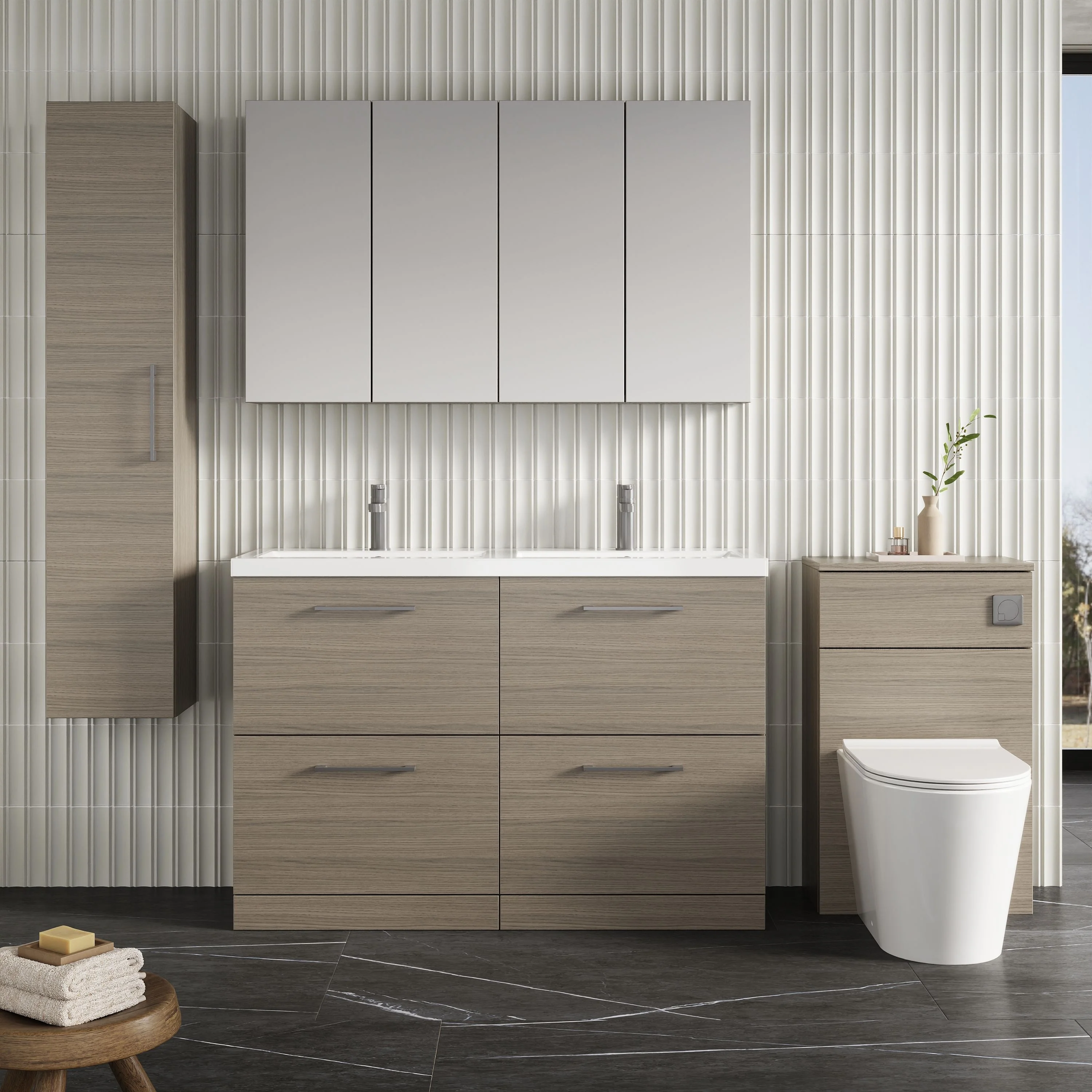Nuie Arno 1200mm Floor Standing 4-Drawer Vanity & Double Ceramic Basin - Grey Vicenza Oak - Image 4