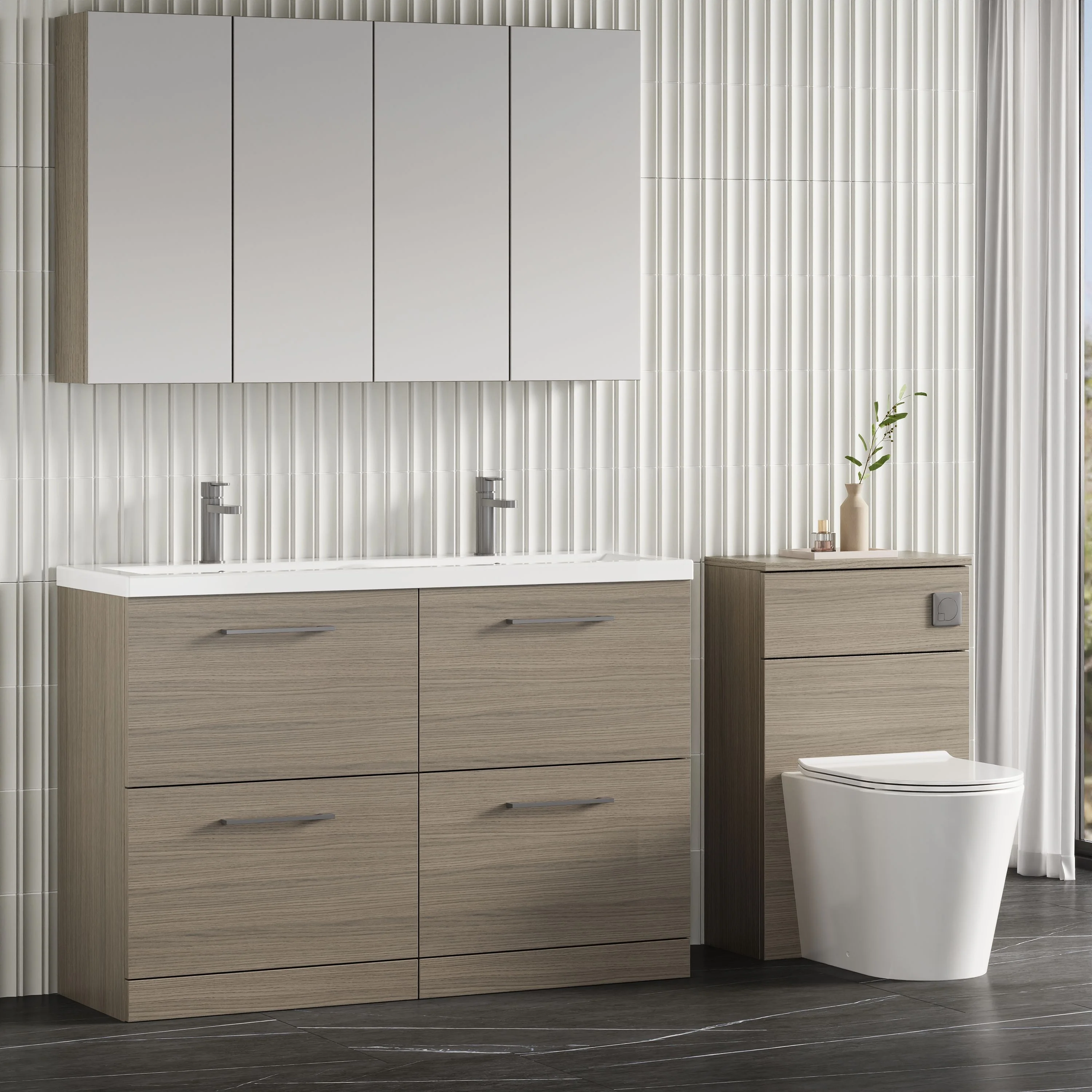 Nuie Arno 1200mm Floor Standing 4-Drawer Vanity & Double Ceramic Basin - Grey Vicenza Oak - Image 5