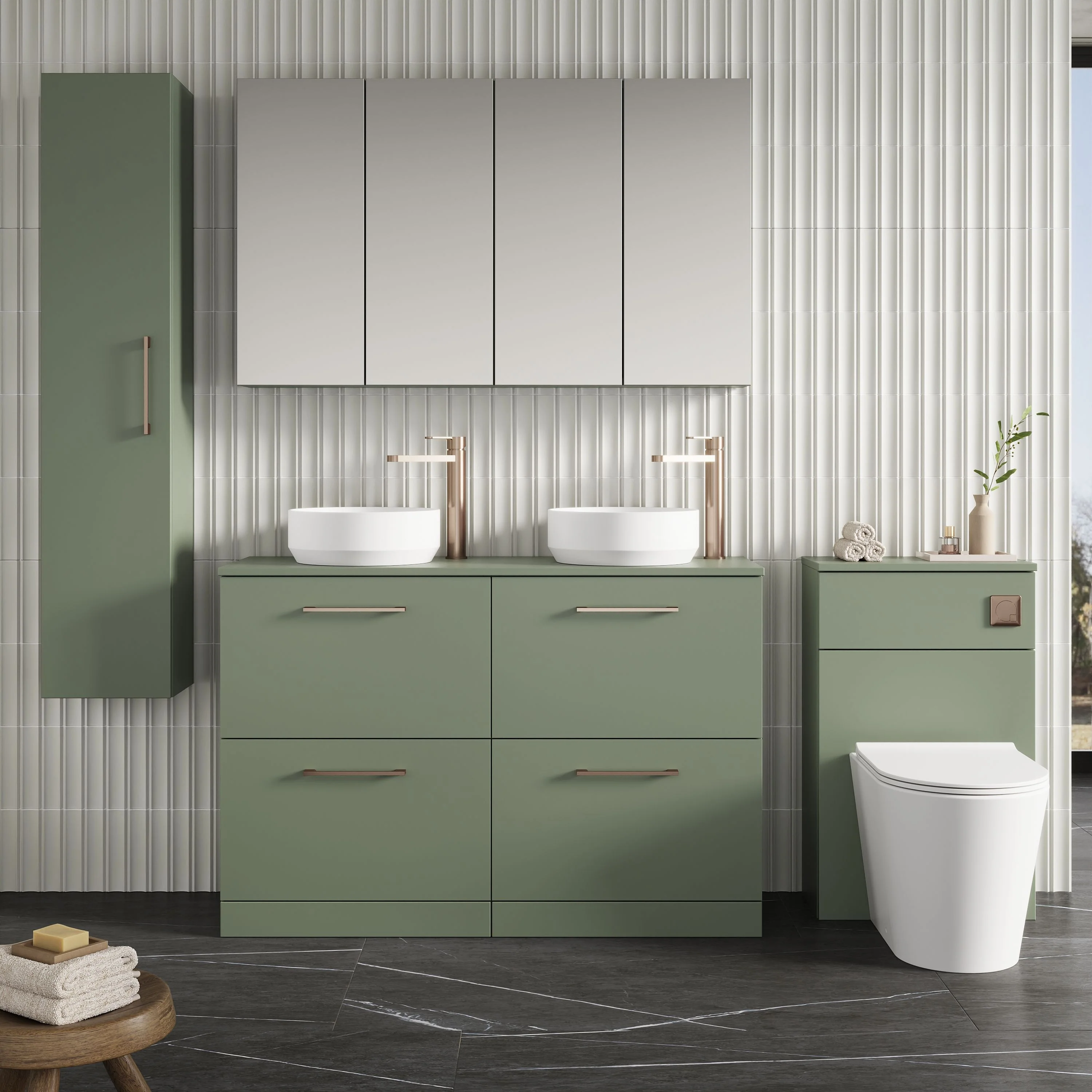 Nuie Arno 1200mm Floor Standing 4-Drawer Vanity & Worktop - Satin Green - Image 3