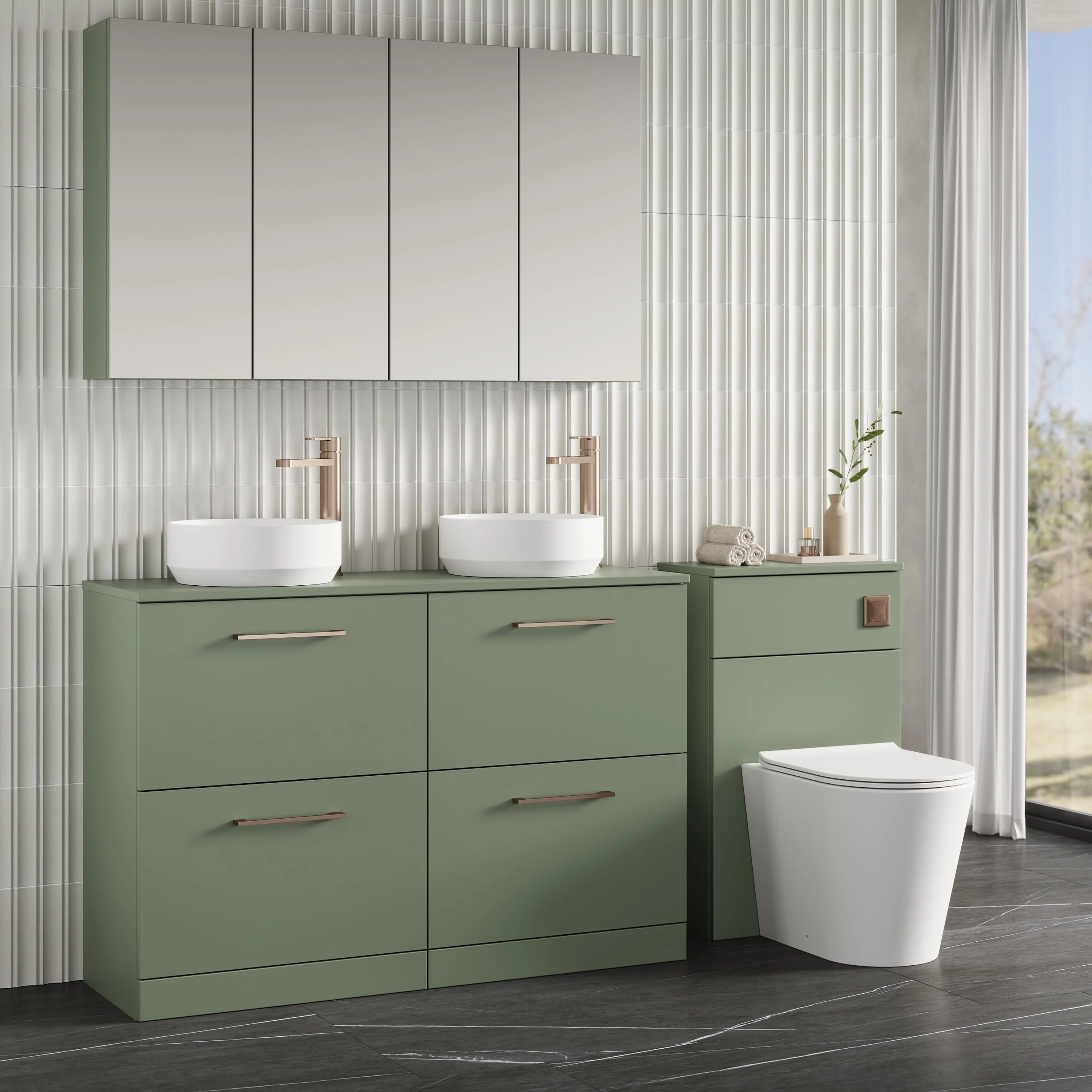 Nuie Arno 1200mm Floor Standing 4-Drawer Vanity & Worktop - Satin Green - Image 4