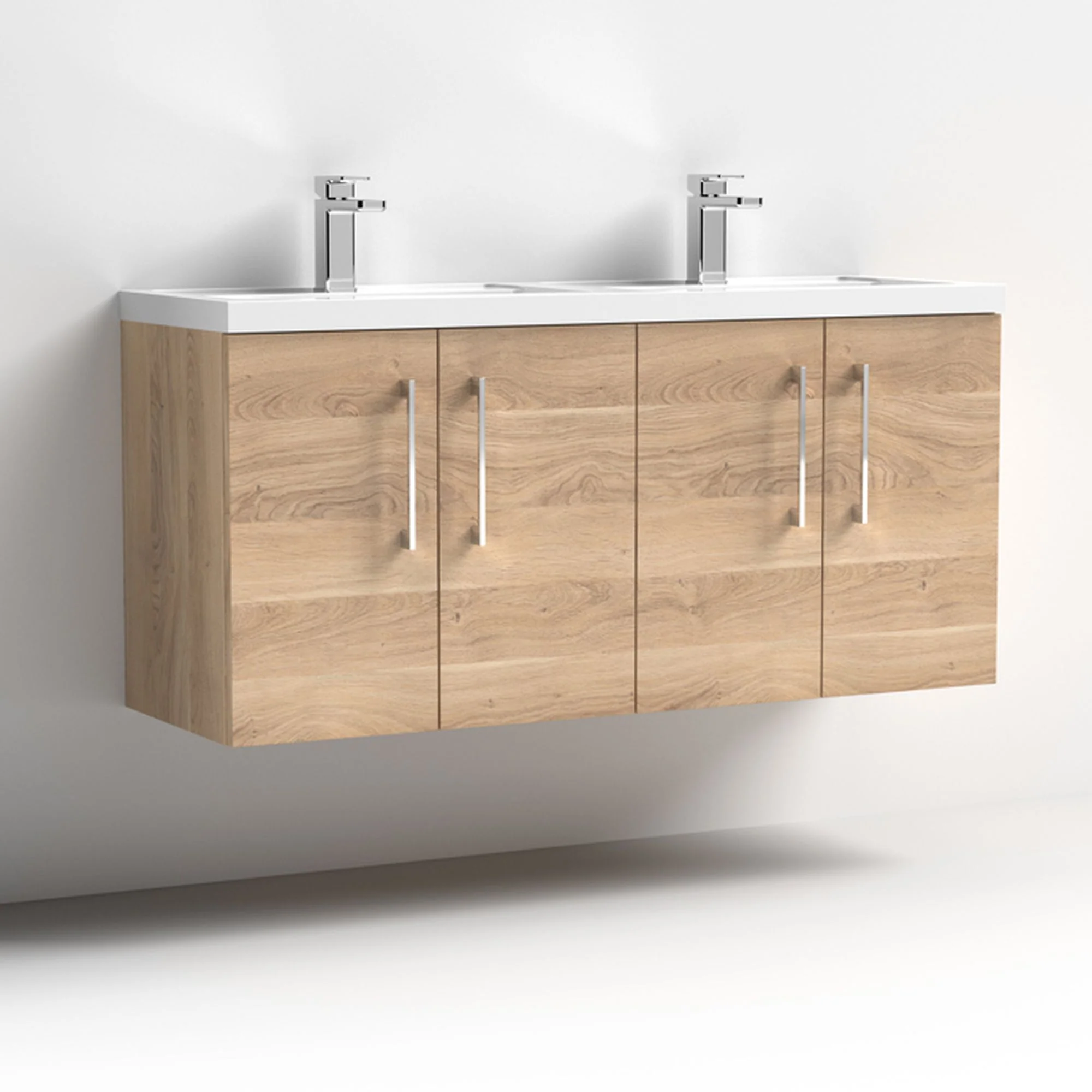 Nuie Arno 1200mm Wall Hung 4-Door Vanity & Double Polymarble Basin - Bleached Oak