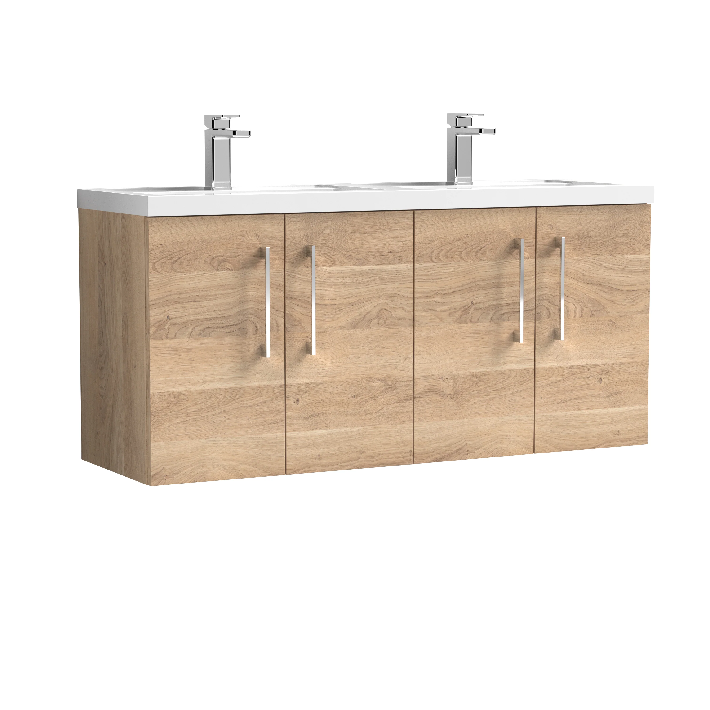 Nuie Arno 1200mm Wall Hung 4-Door Vanity & Double Polymarble Basin - Bleached Oak - Image 2