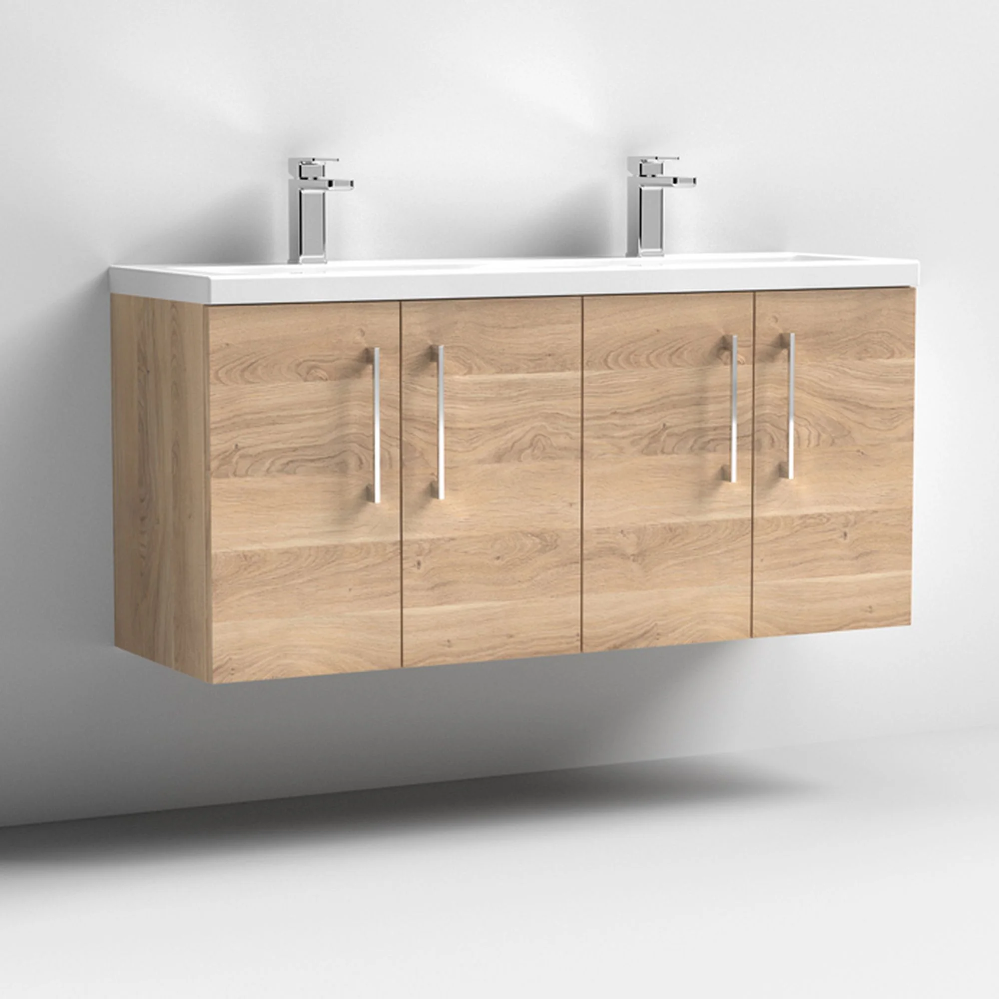 Nuie Arno 1200mm Wall Hung 4-Door Vanity & Double Ceramic Basin - Bleached Oak