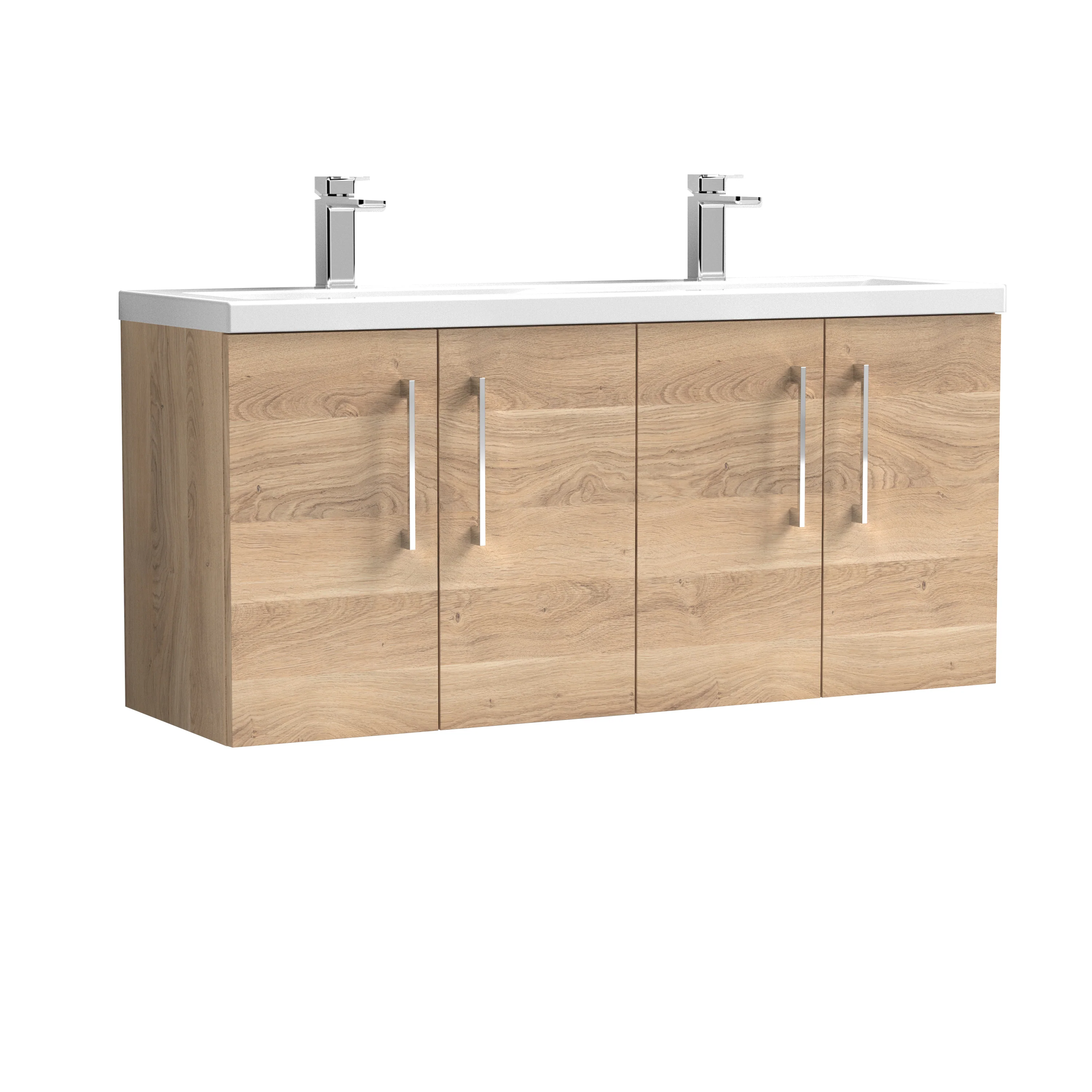 Nuie Arno 1200mm Wall Hung 4-Door Vanity & Double Ceramic Basin - Bleached Oak - Image 2