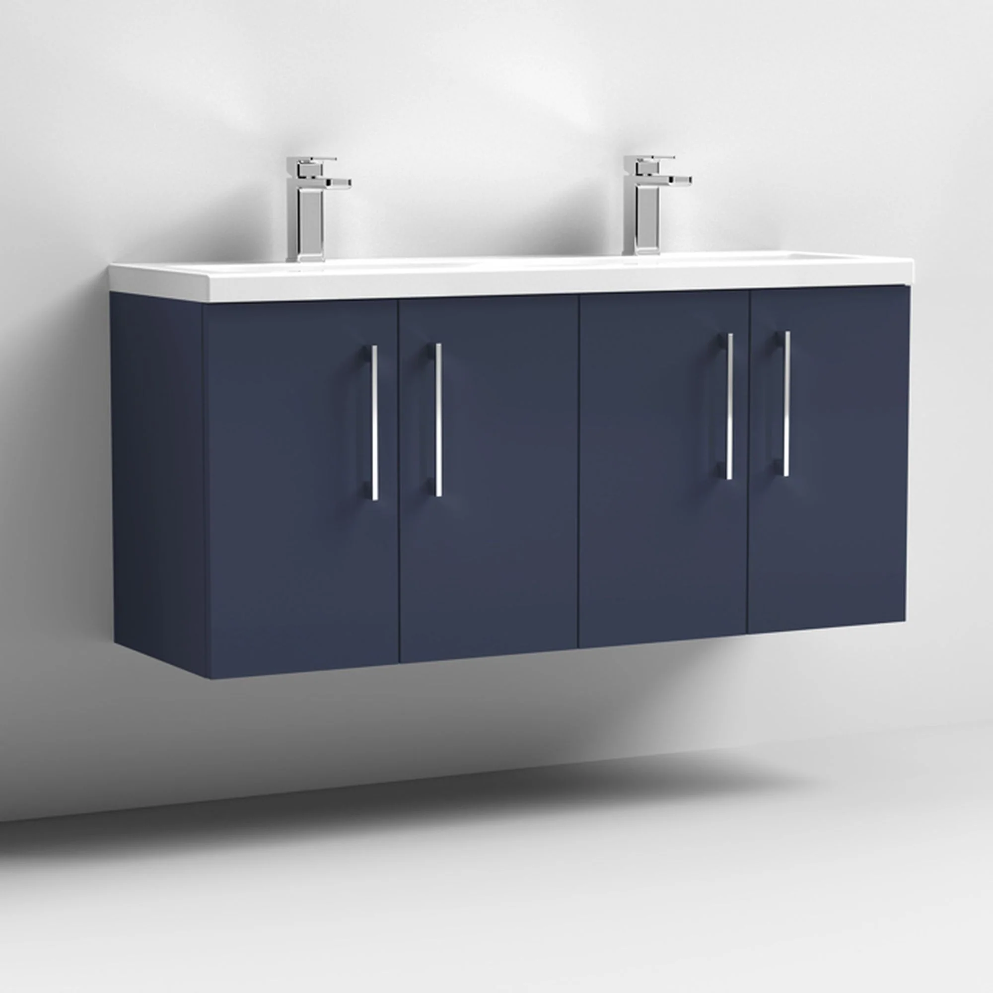 Nuie Arno 1200mm Wall Hung 4-Door Vanity & Double Ceramic Basin - Midnight Blue