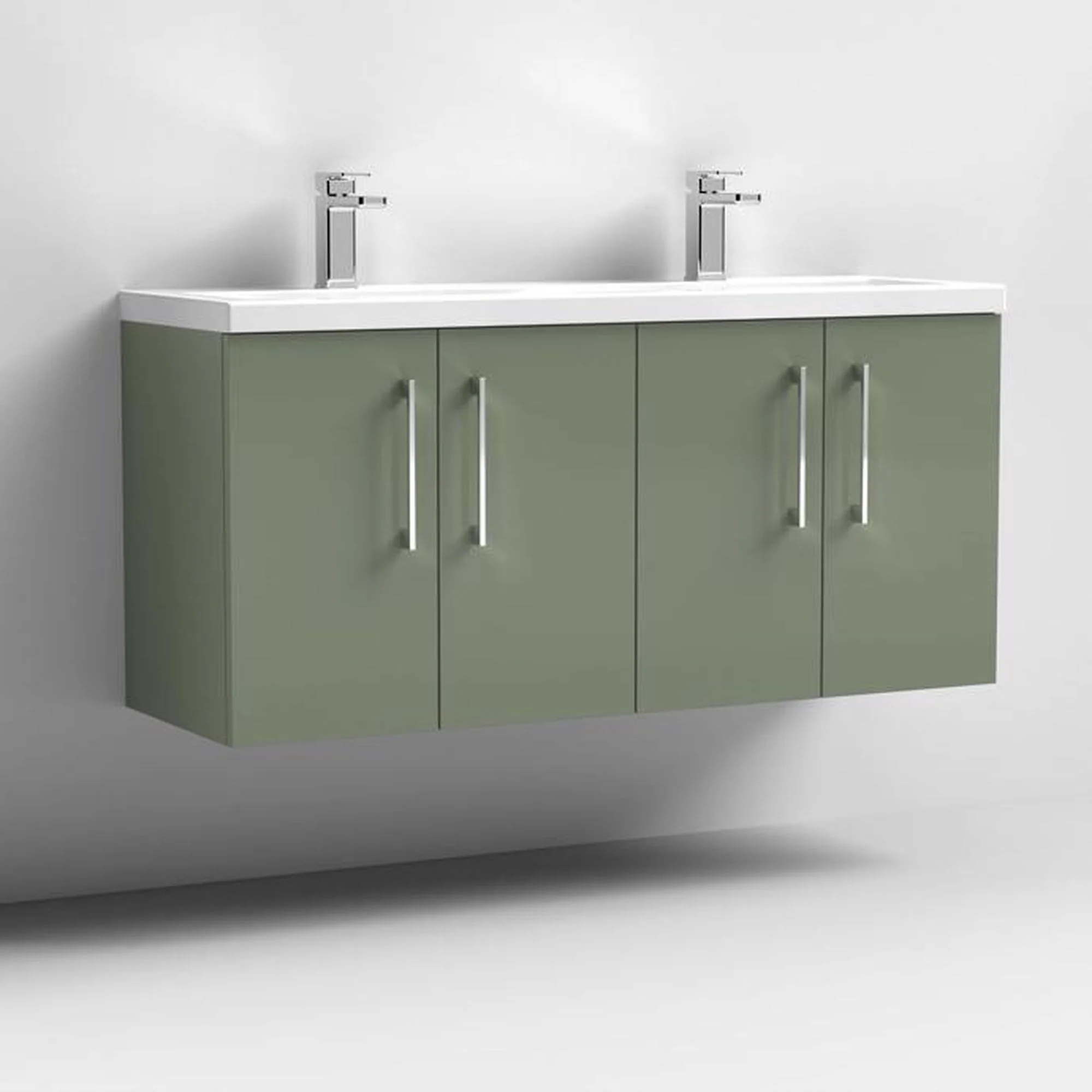 Nuie Arno 1200mm Wall Hung 4-Door Vanity & Double Ceramic Basin - Satin Green