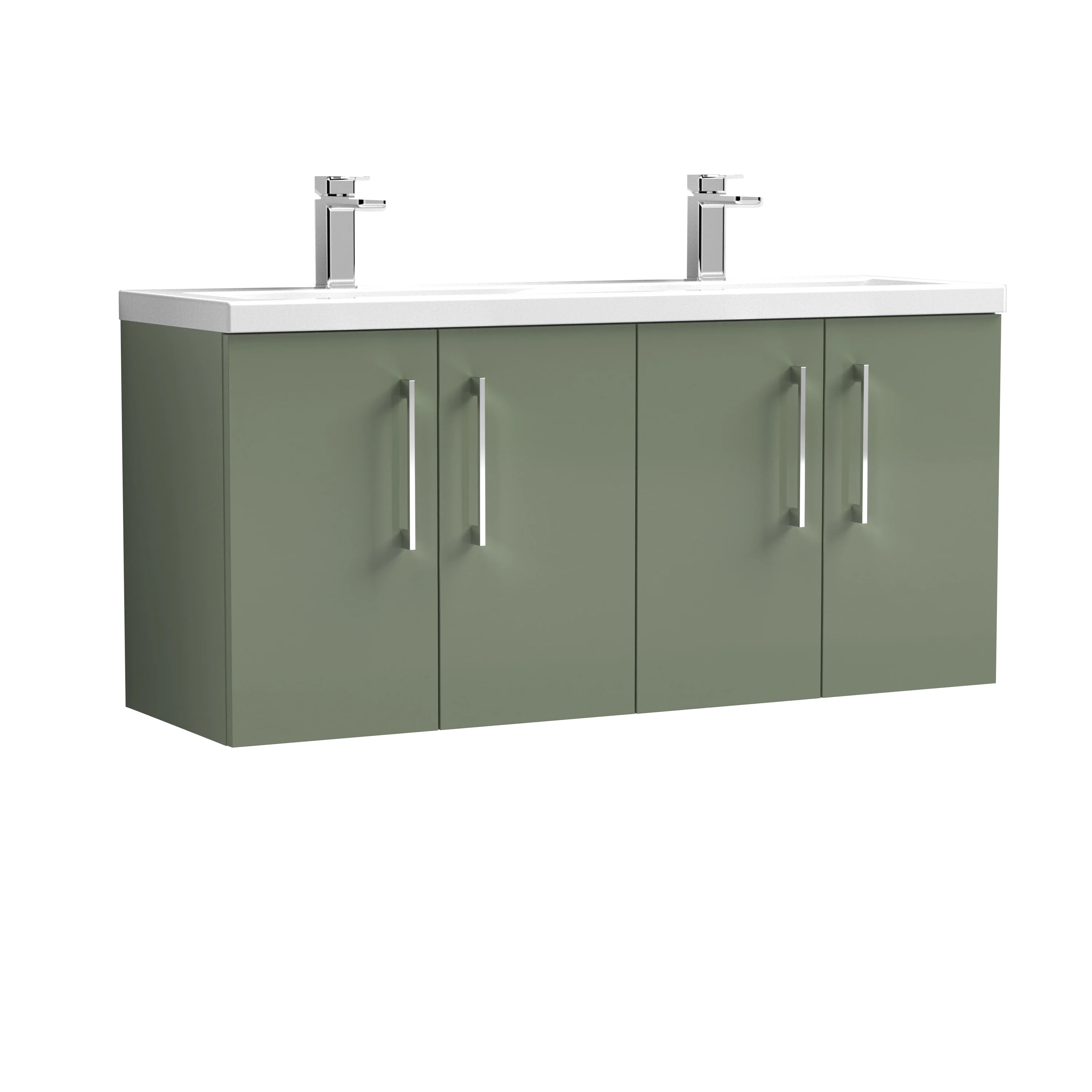 Nuie Arno 1200mm Wall Hung 4-Door Vanity & Double Ceramic Basin - Satin Green - Image 2