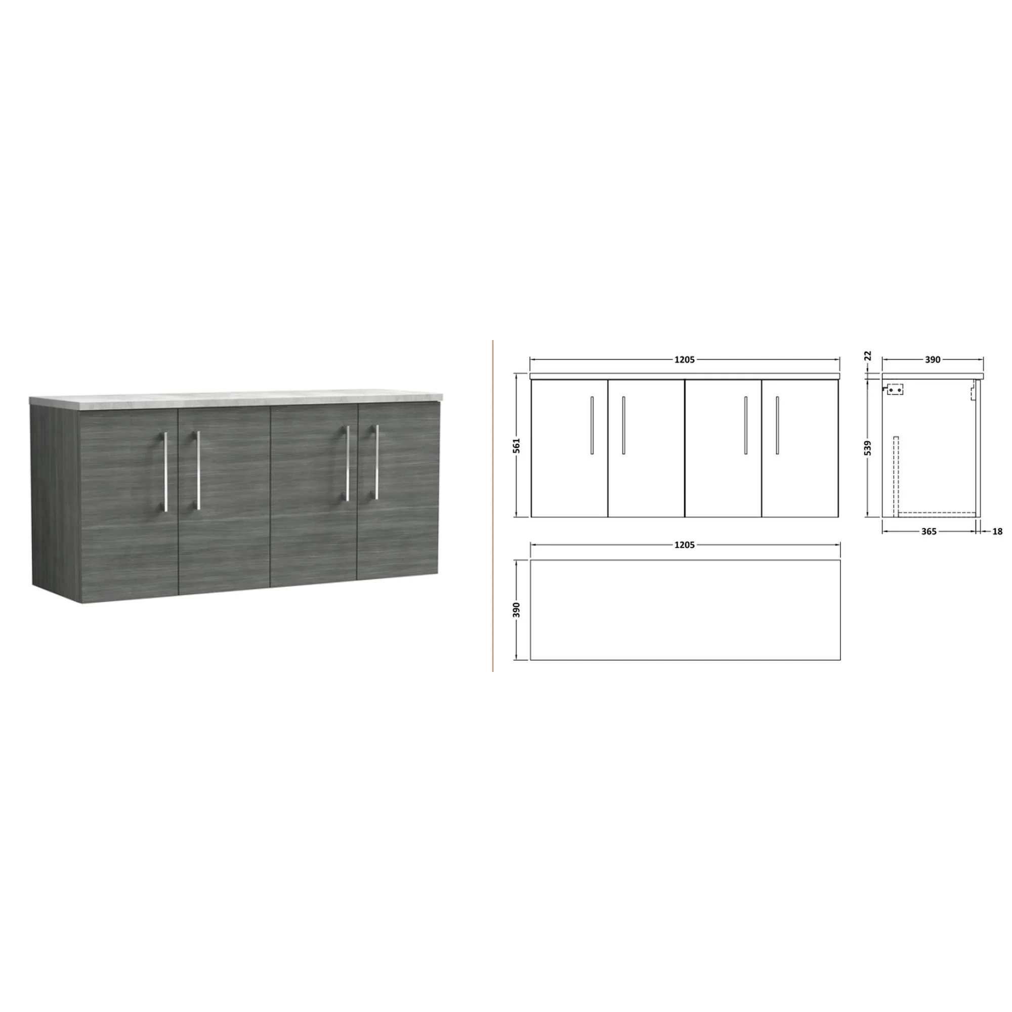 Nuie Arno 1200mm Wall Hung 4-Door Vanity & Laminate Worktop - Anthracite Woodgrain (Bellato Grey Worktop) - Image 2