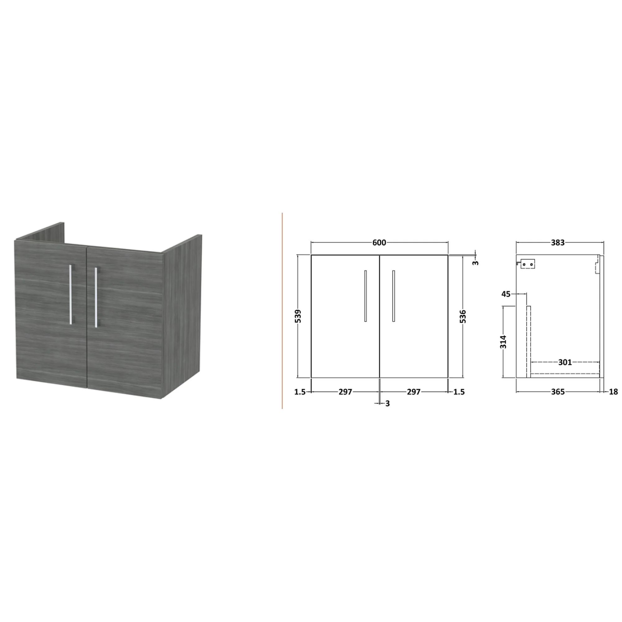 Nuie Arno 1200mm Wall Hung 4-Door Vanity & Laminate Worktop - Anthracite Woodgrain (Carrera Marble Worktop) - Image 4