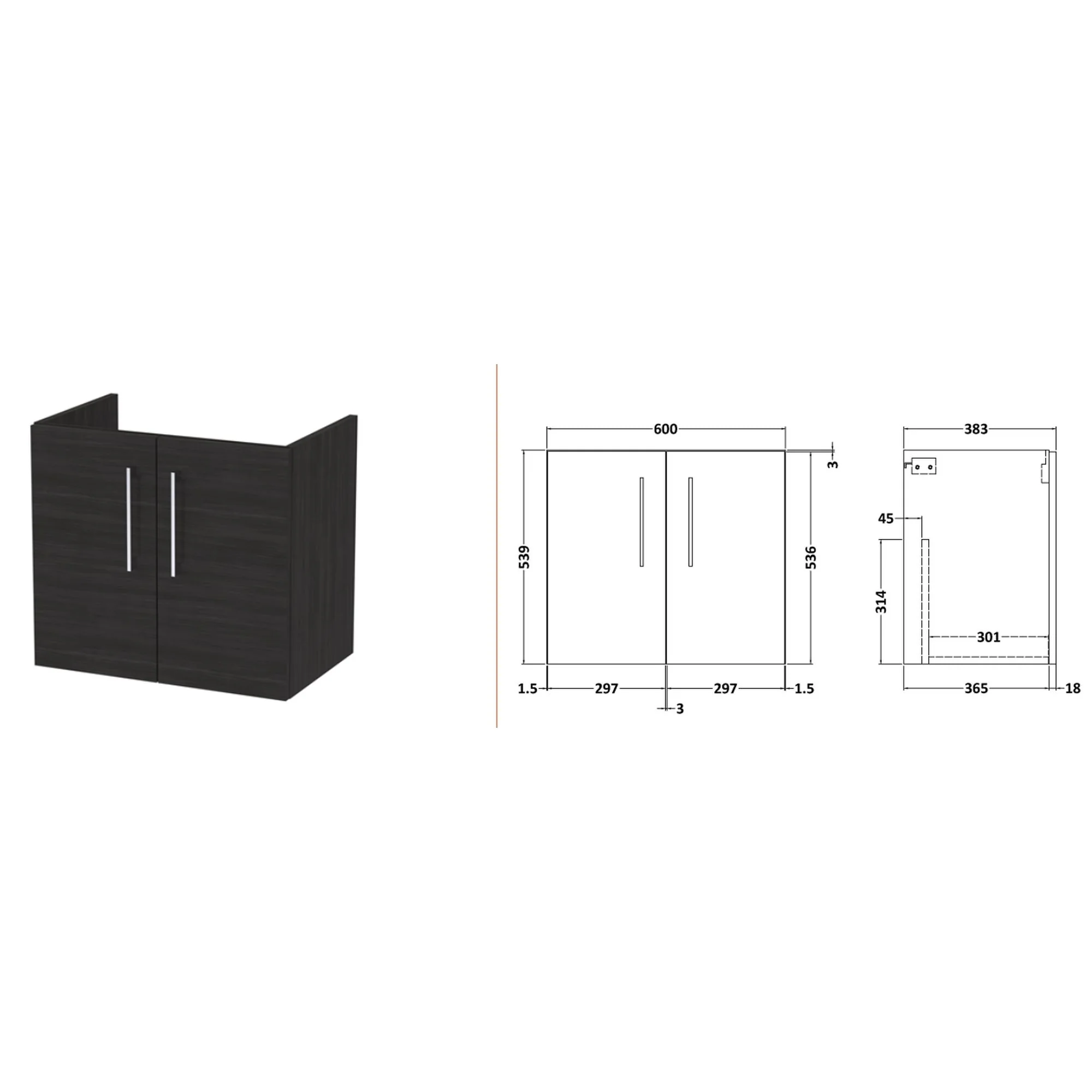 Nuie Arno 1200mm Wall Hung 4-Door Vanity & Laminate Worktop - Charcoal Black Woodgrain (Carrera Marble Worktop) - Image 4