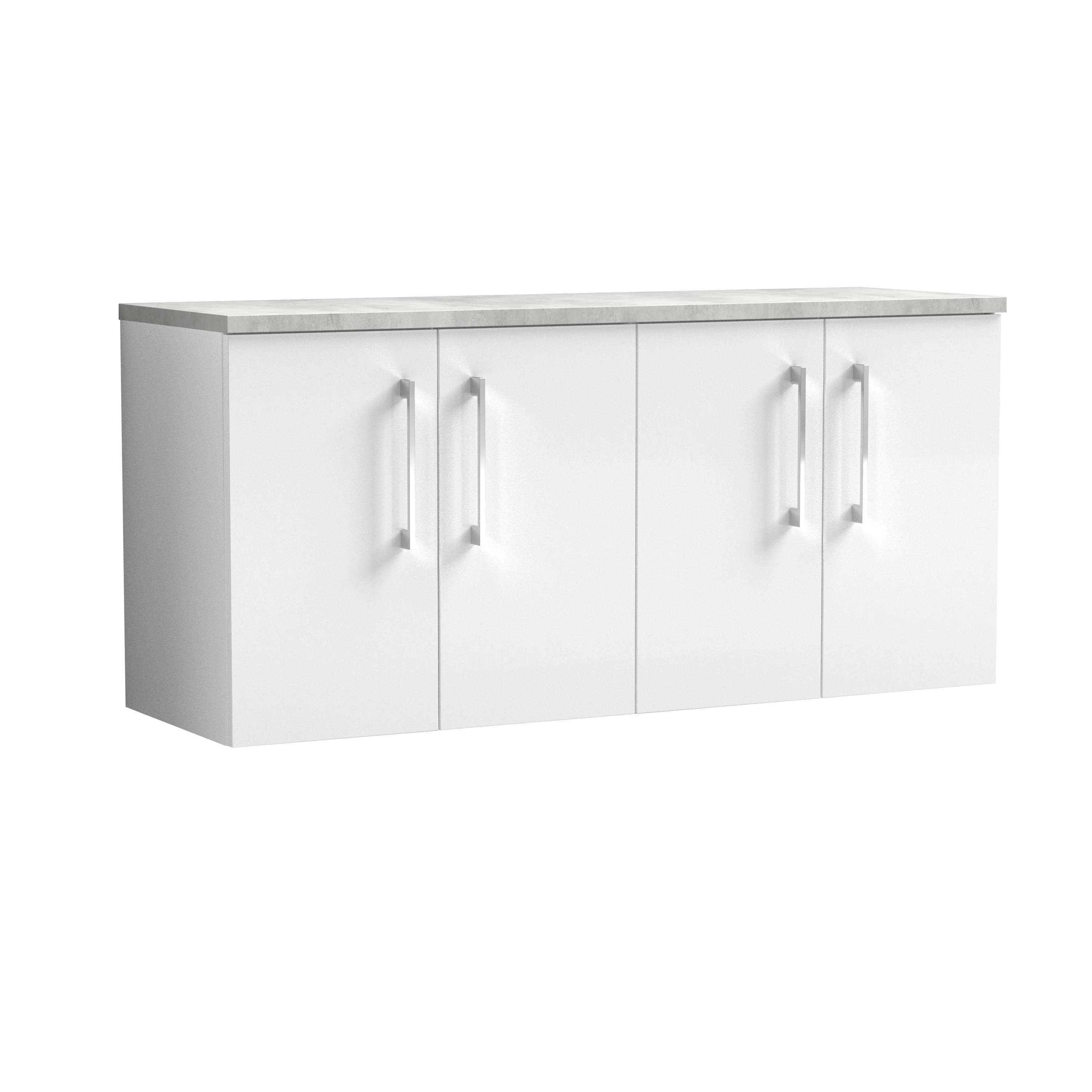 Nuie Arno 1200mm Wall Hung 4-Door Vanity & Laminate Worktop - Gloss White (Bellato Grey Worktop)