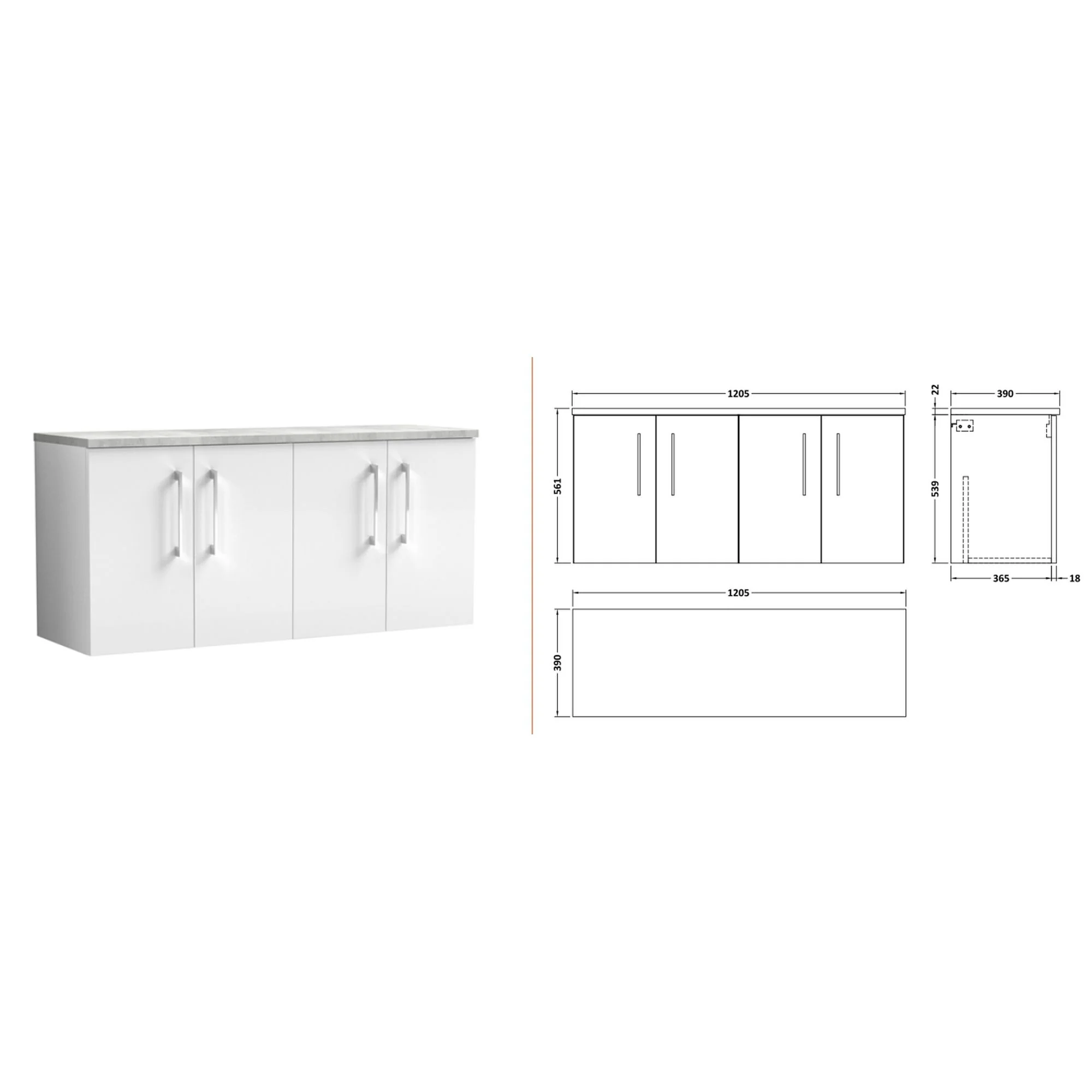 Nuie Arno 1200mm Wall Hung 4-Door Vanity & Laminate Worktop - Gloss White (Bellato Grey Worktop) - Image 2