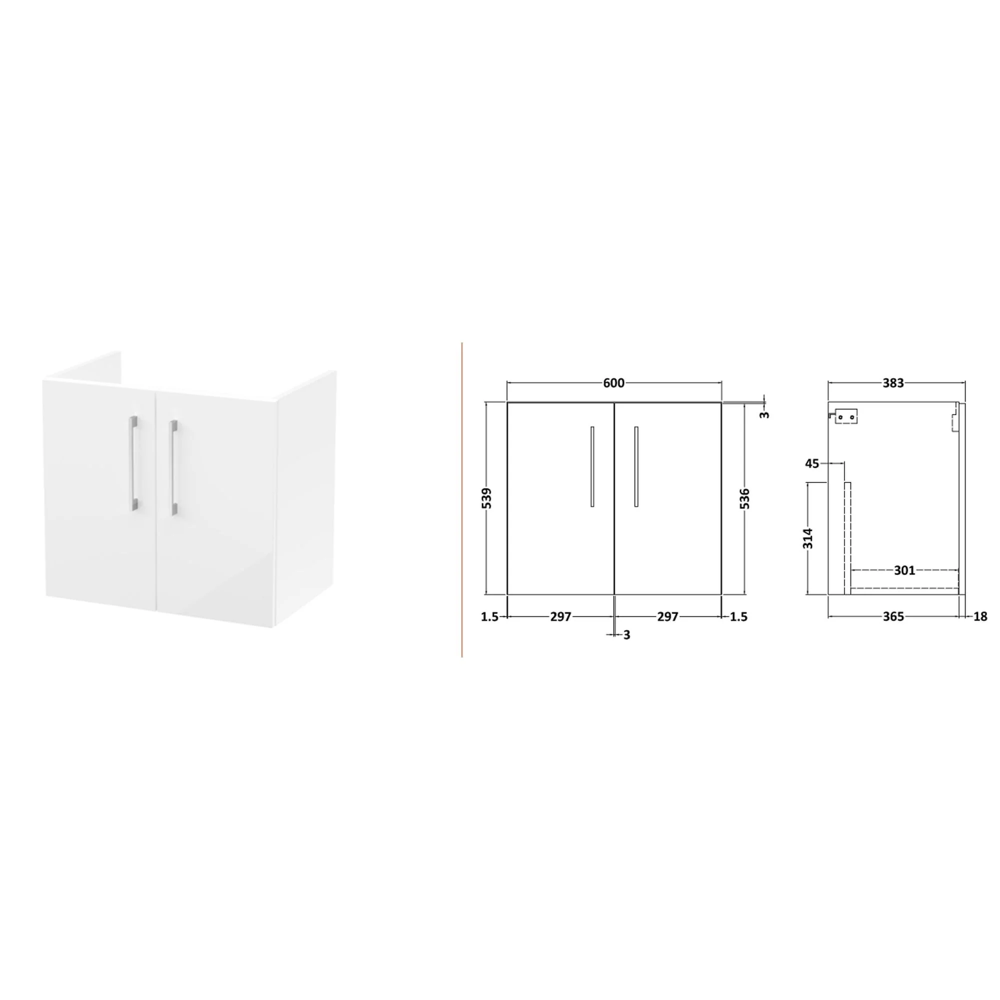 Nuie Arno 1200mm Wall Hung 4-Door Vanity & Laminate Worktop - Gloss White (Bellato Grey Worktop) - Image 4