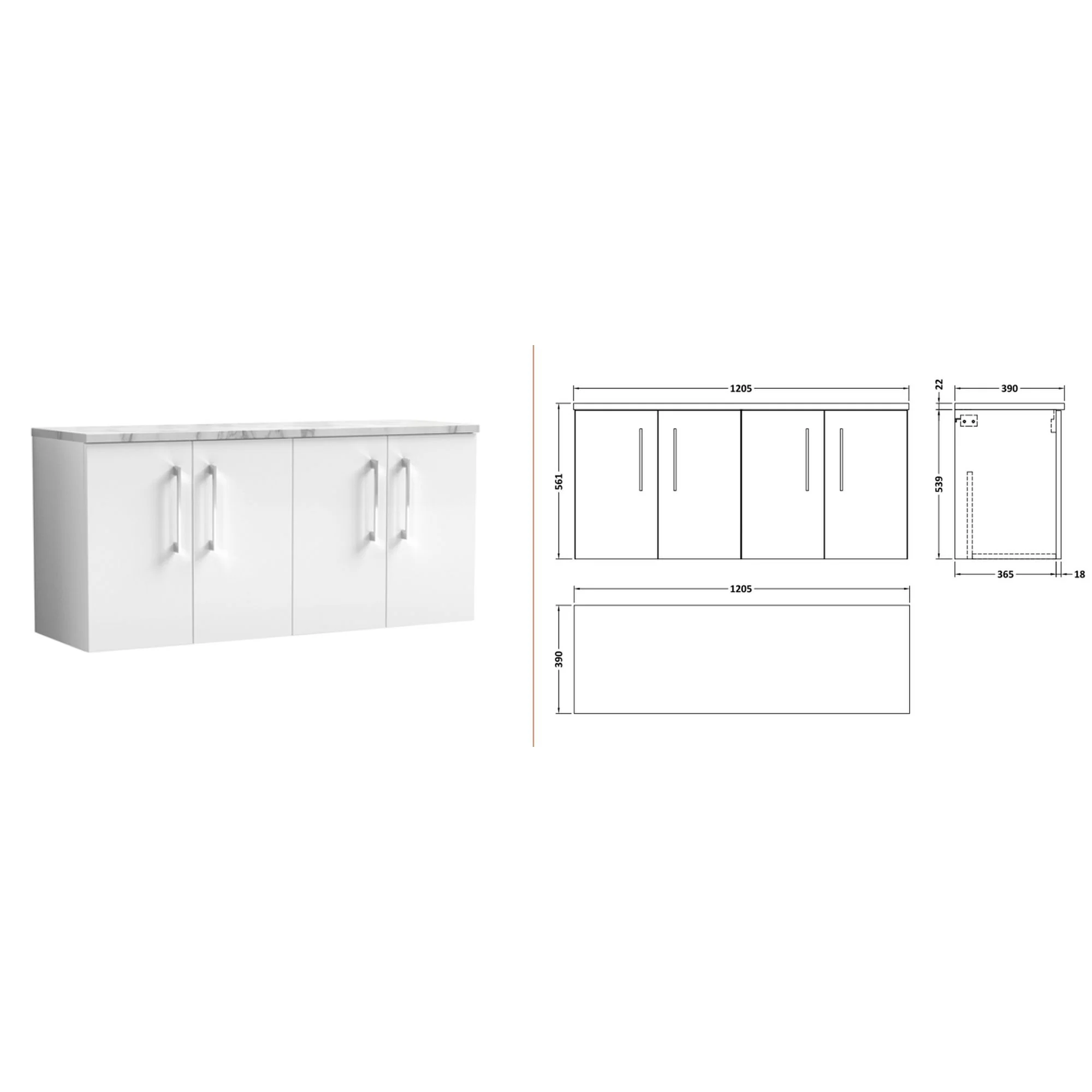 Nuie Arno 1200mm Wall Hung 4-Door Vanity & Laminate Worktop - Gloss White (Carrera Marble Worktop) - Image 2