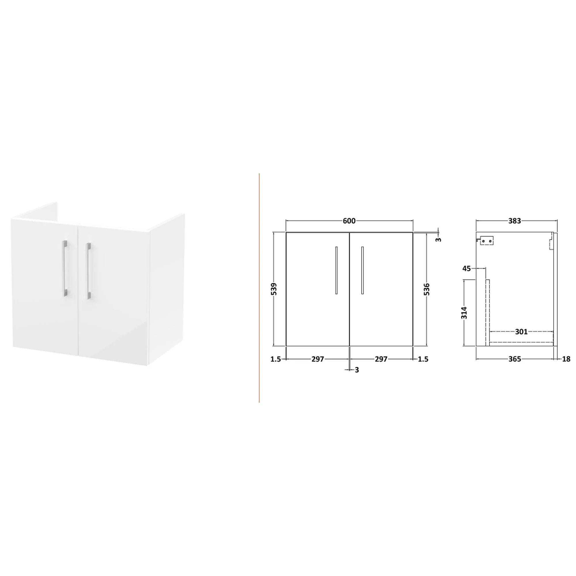 Nuie Arno 1200mm Wall Hung 4-Door Vanity & Laminate Worktop - Gloss White (Carrera Marble Worktop) - Image 4