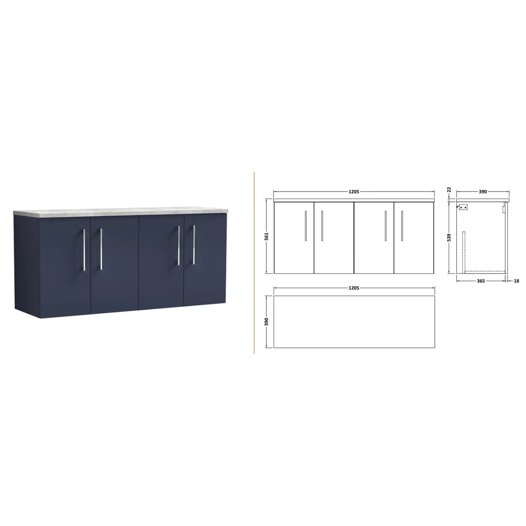 Nuie Arno 1200mm Wall Hung 4-Door Vanity & Laminate Worktop - Midnight Blue (Bellato Grey Worktop) - Image 2