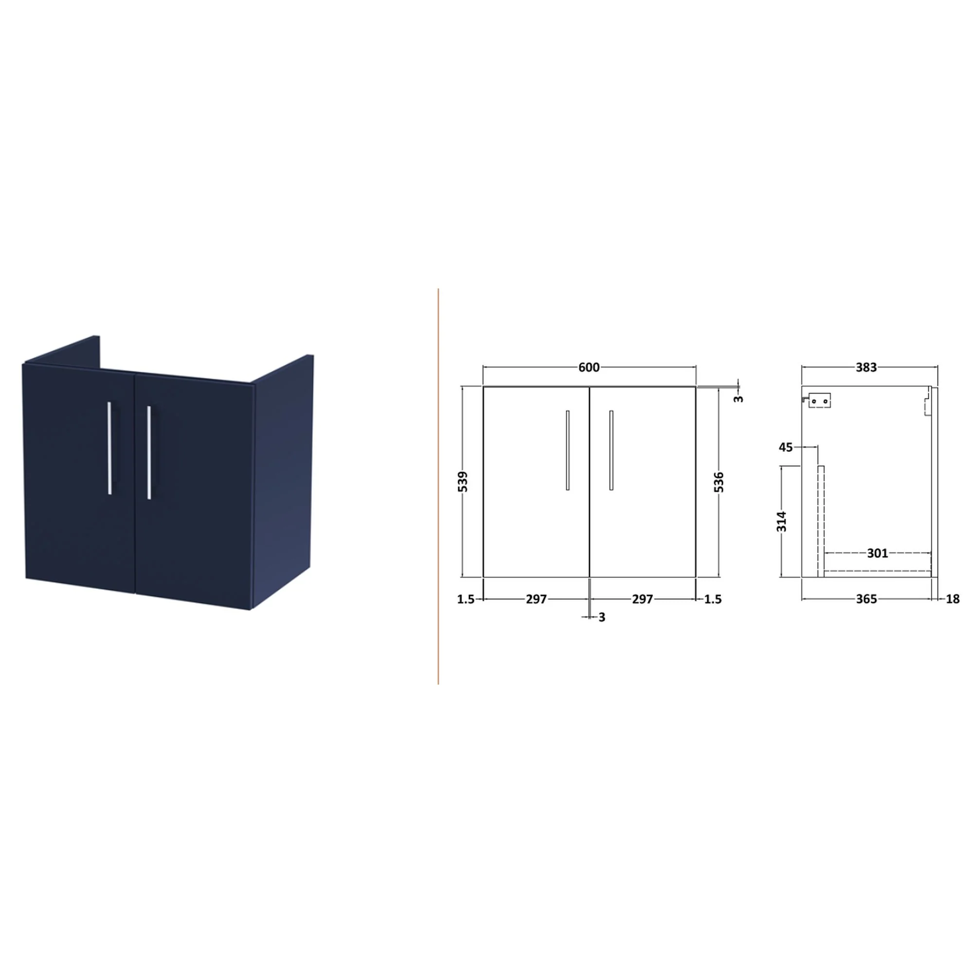 Nuie Arno 1200mm Wall Hung 4-Door Vanity & Laminate Worktop - Midnight Blue (Bellato Grey Worktop) - Image 4