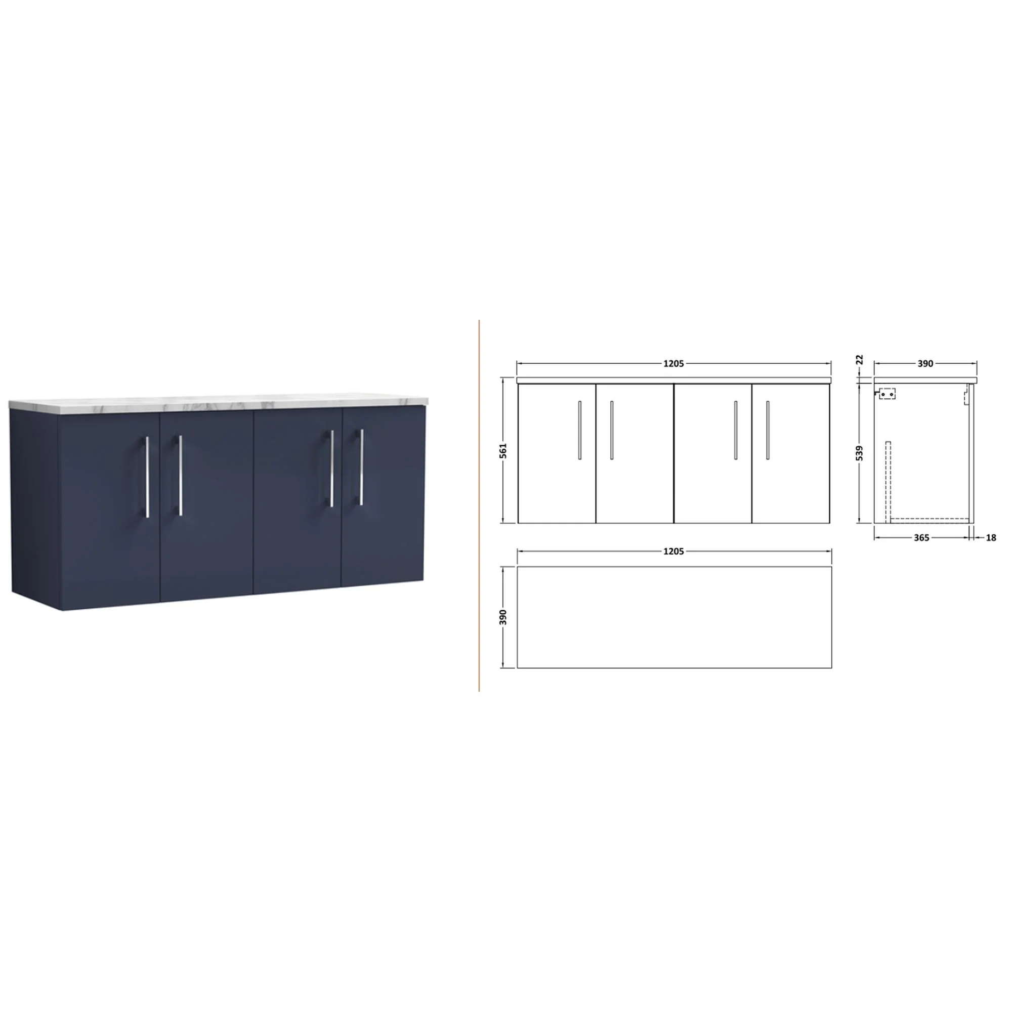 Nuie Arno 1200mm Wall Hung 4-Door Vanity & Laminate Worktop - Midnight Blue (Carrera Marble Worktop) - Image 2