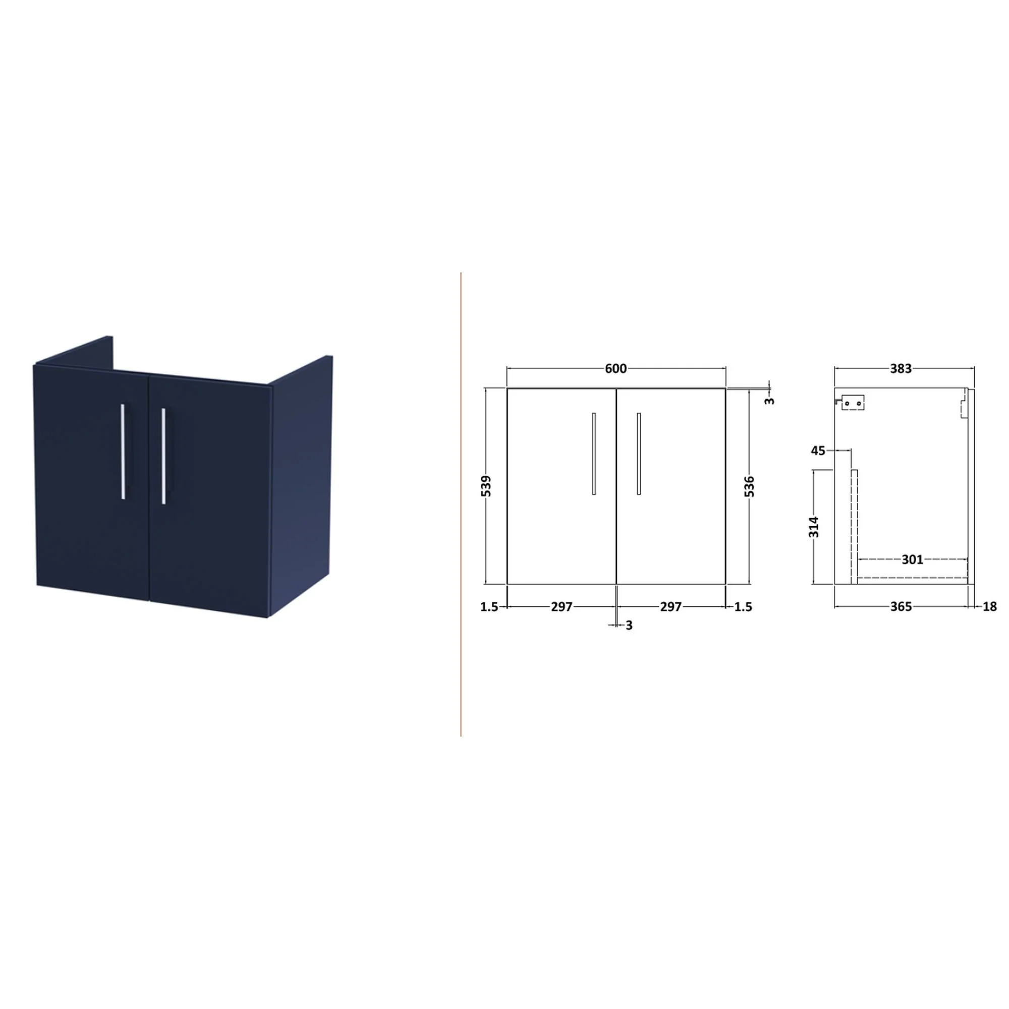 Nuie Arno 1200mm Wall Hung 4-Door Vanity & Laminate Worktop - Midnight Blue (Carrera Marble Worktop) - Image 4