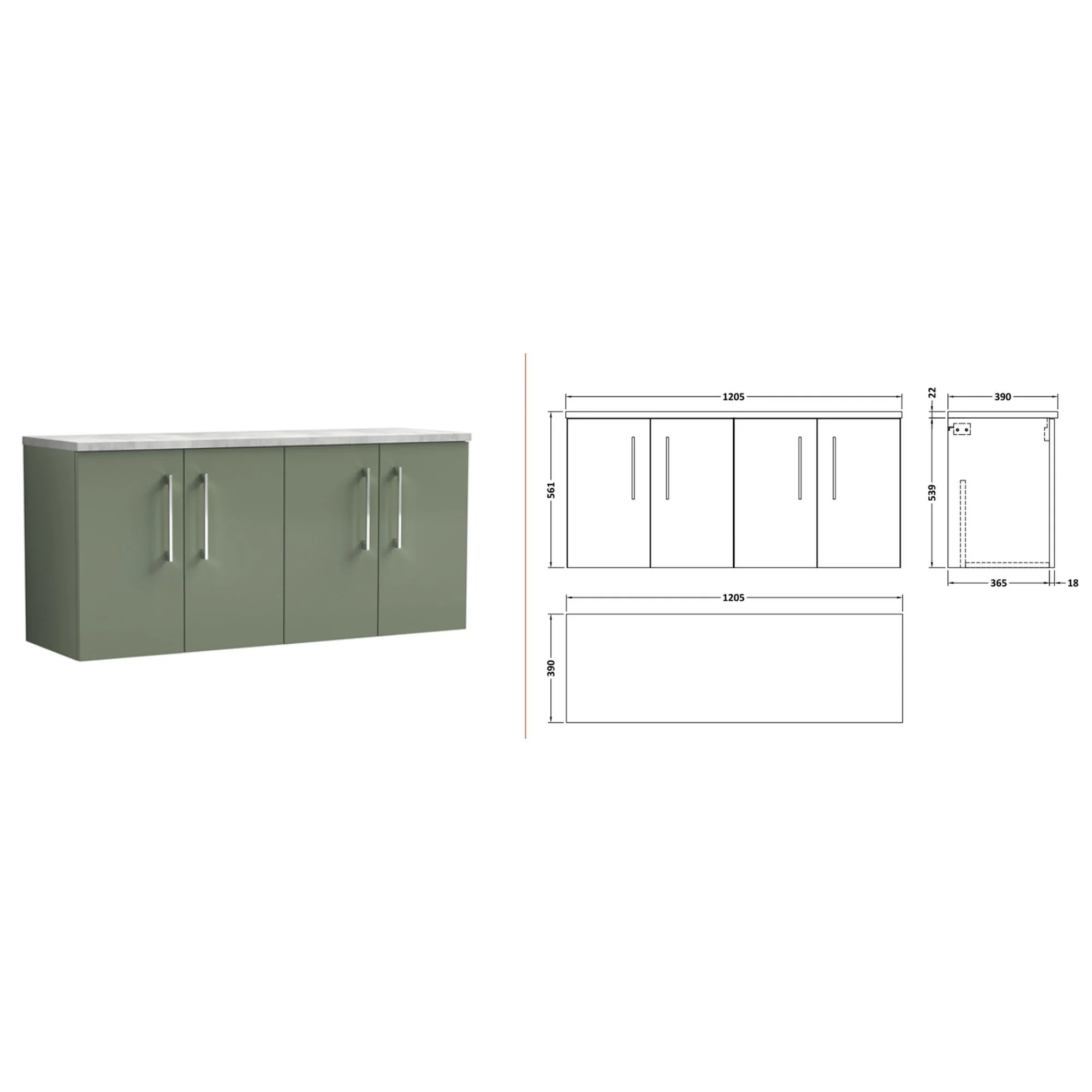 Nuie Arno 1200mm Wall Hung 4-Door Vanity & Laminate Worktop - Satin Green (Bellato Grey Worktop) - Image 2